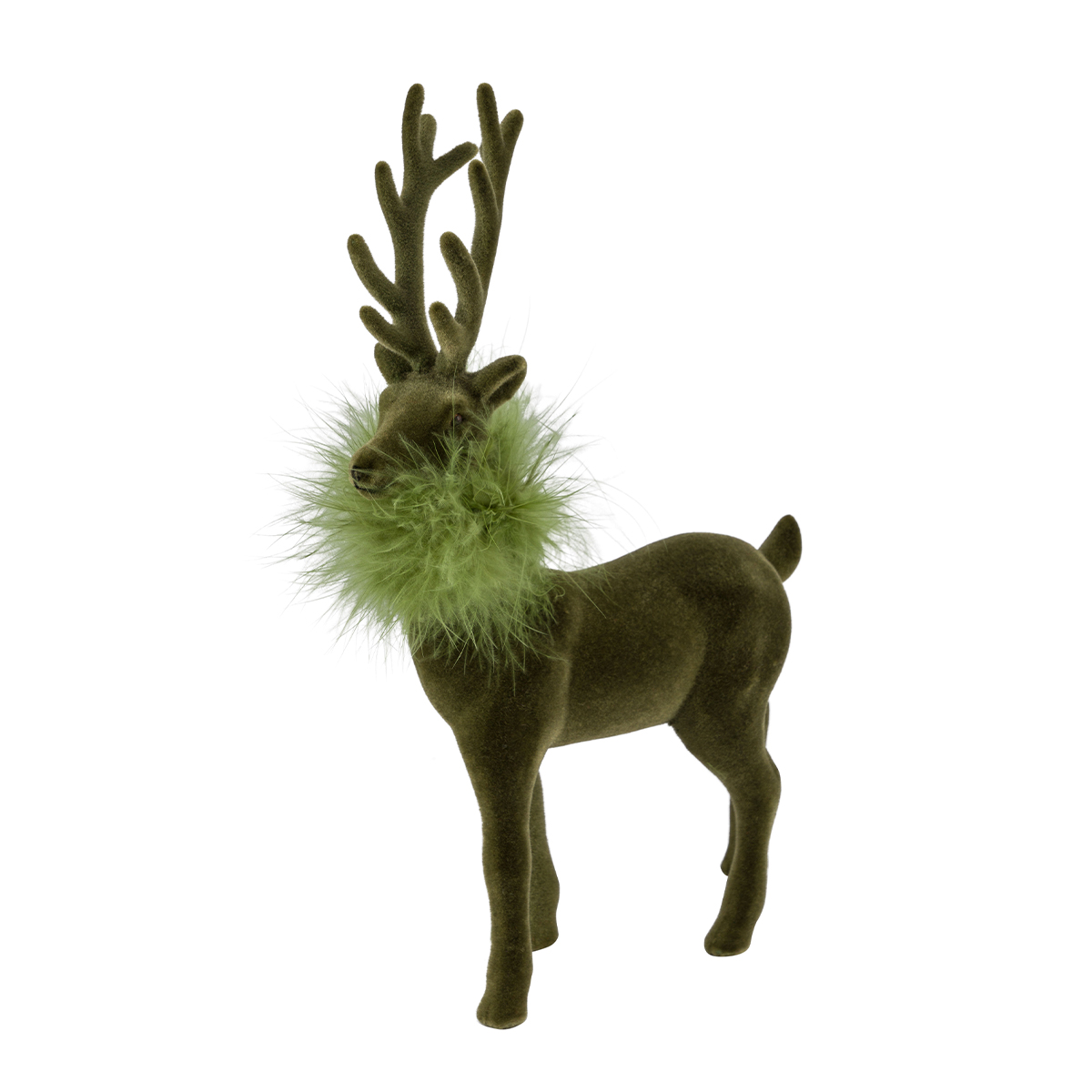 Deko Hirsch mit Federboa, großer olivgrüner Hirsch, samtig beflockt, 45cm