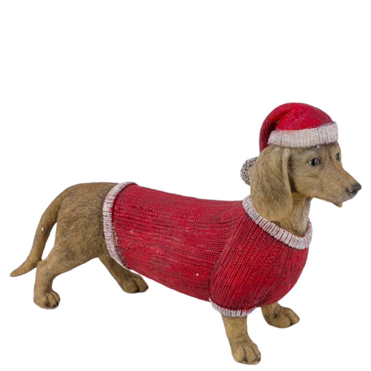 Deko Dackel mit rotem Pullover und Weihnachtsmütze, großer Polydackel, 44cm  