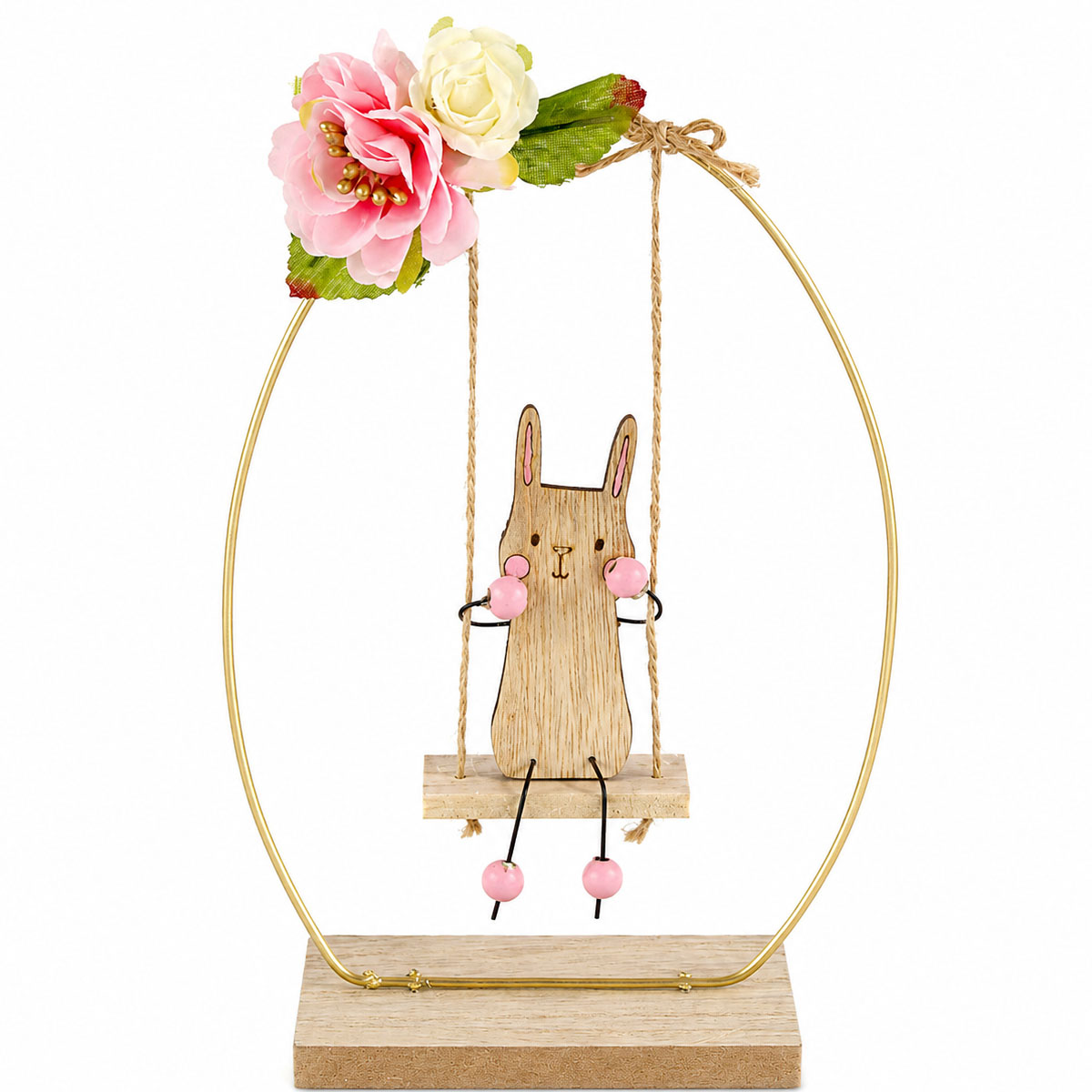 Deko Hase auf Ei-Schaukel, Holzhase Ostern mit Blumendeko, 19cm