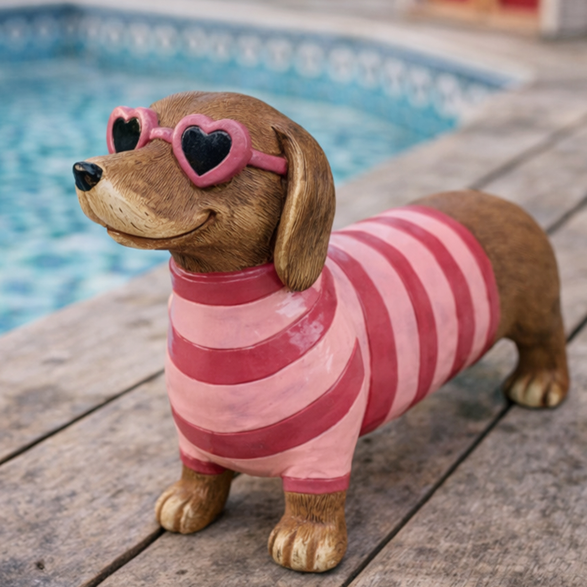 Lustiger Dackel im Ringelshirt rosa-rot, Dackeldame mit Sonnenbrille, 42cm, Magnesia
