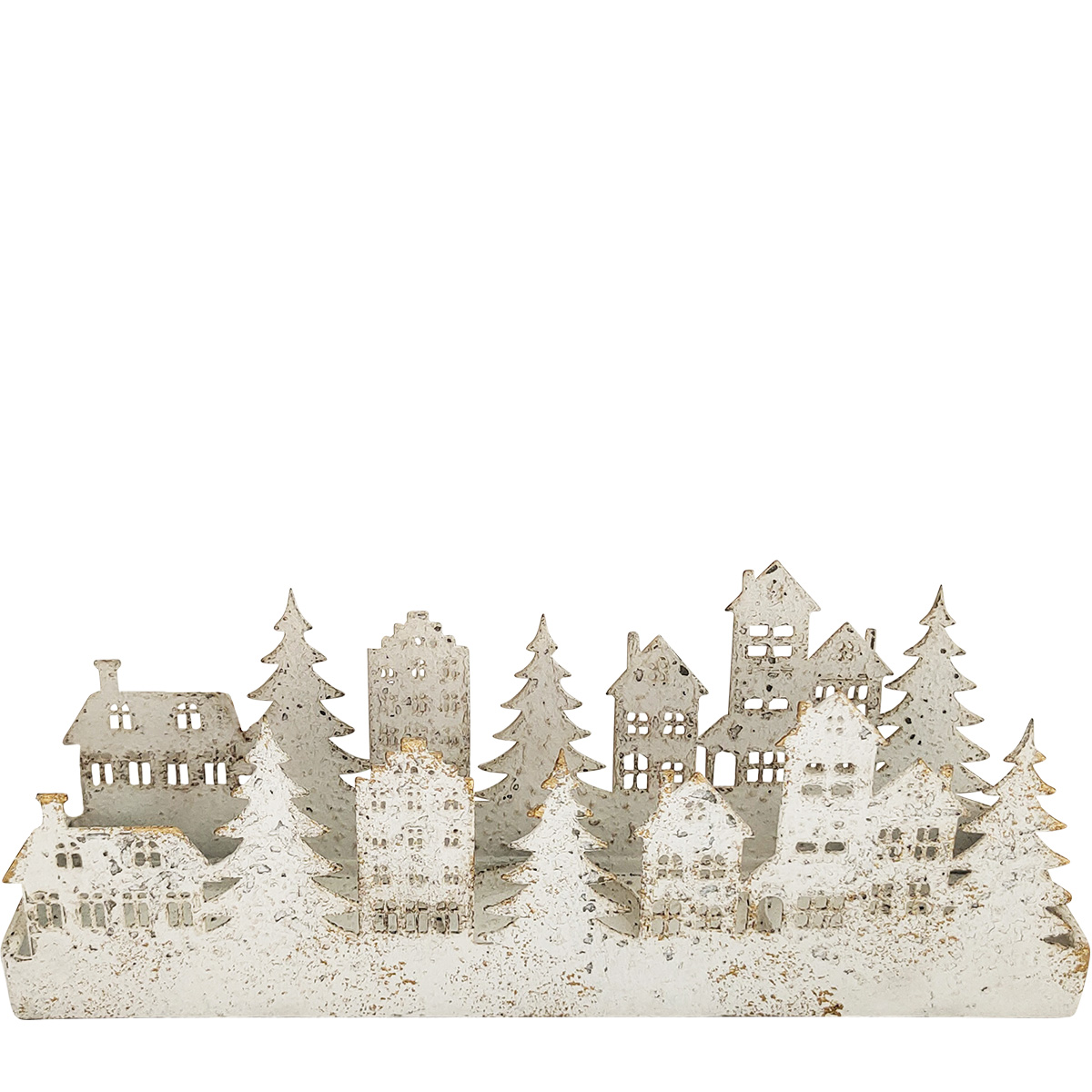 LED Windlicht Häuser und Tannenbäume, Metallwindlicht Winter, cremeweiß, 17cm