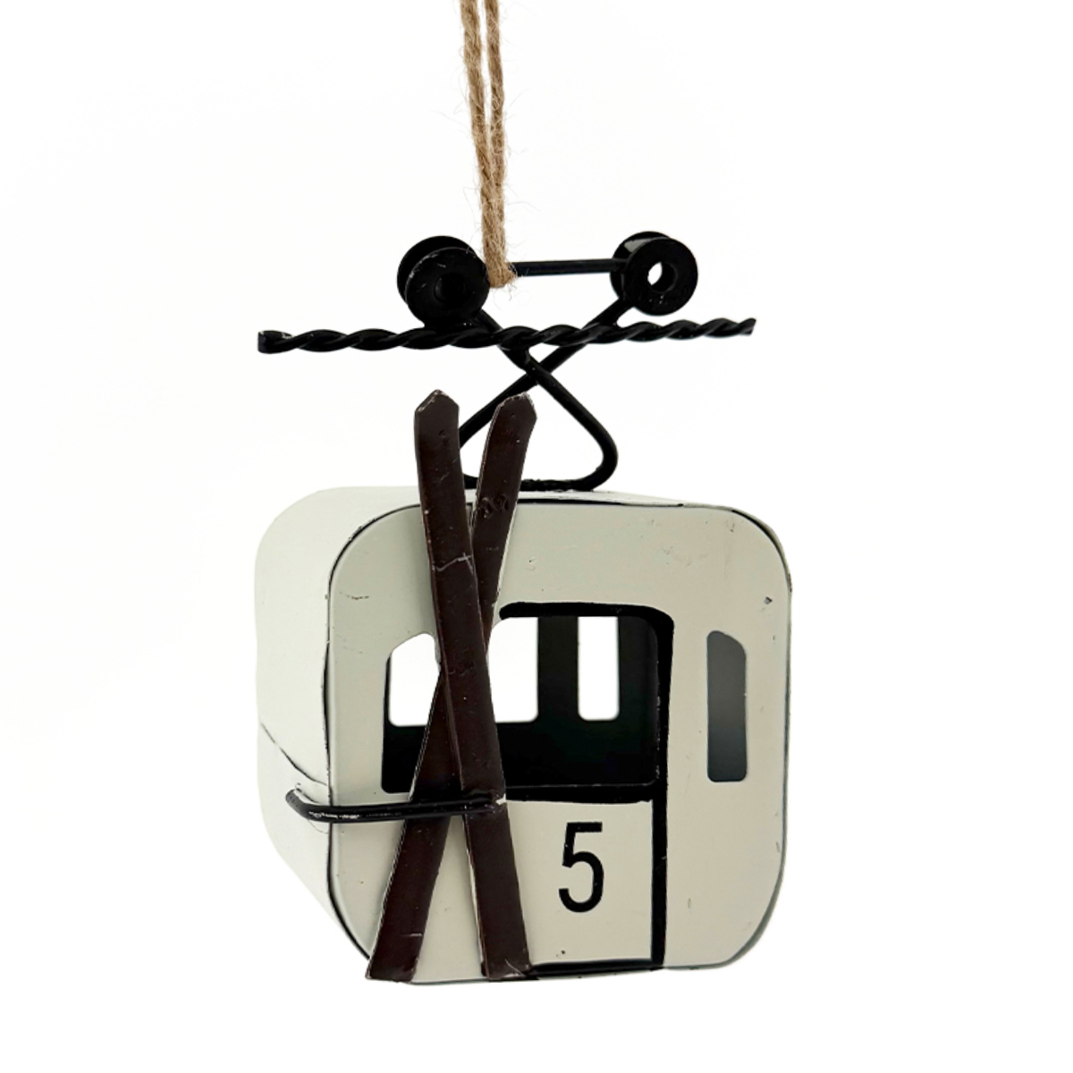 Deko Gondel weiß mit schwarzen Ski, Seilbahn, Skigondel aus Metall, 7x5x11cm, Hänger
