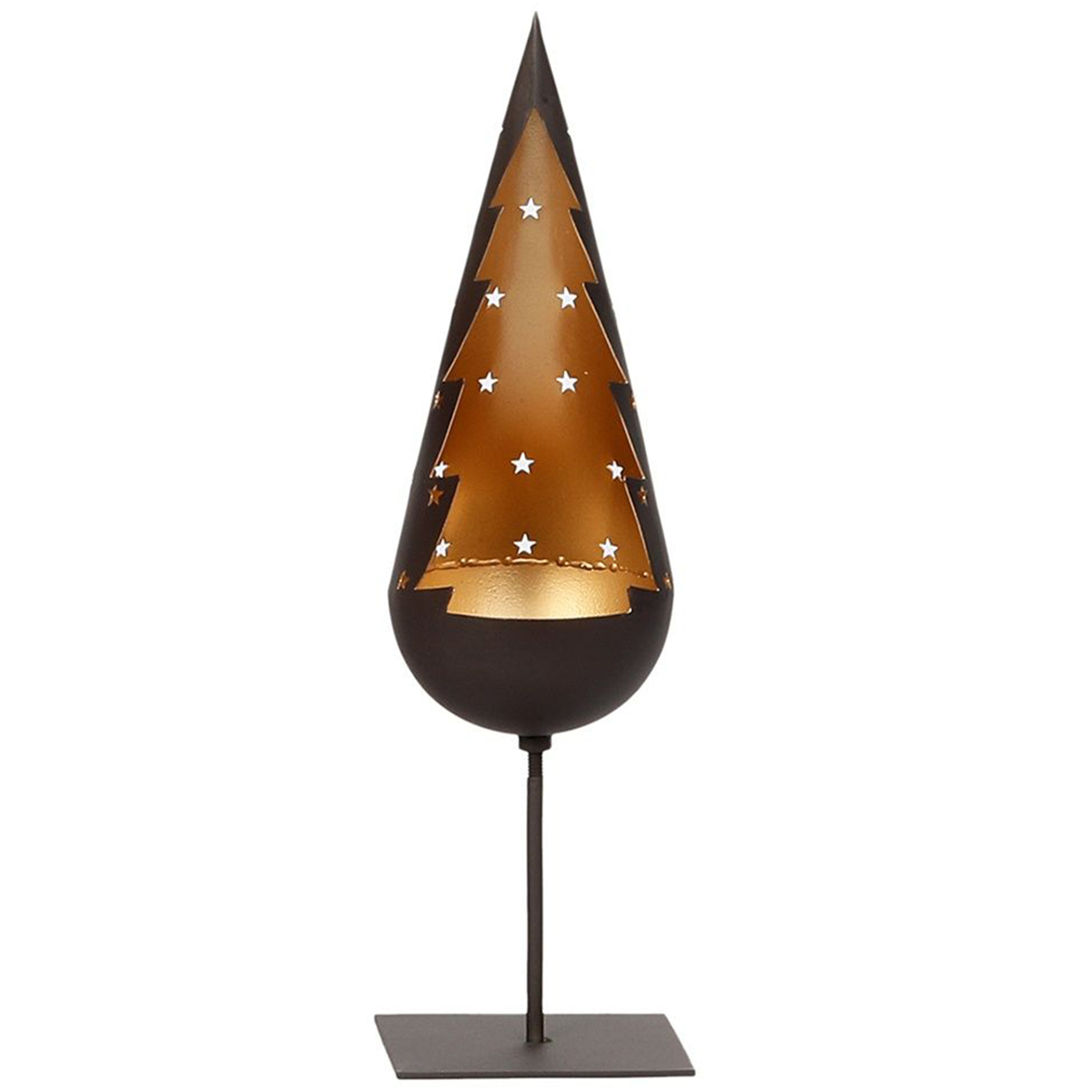 Eisenleuchter Gabin auf Ständer in angedeuteter Tannenbaum-Form mit Sternen und goldfarbener Innenseite, 35cm