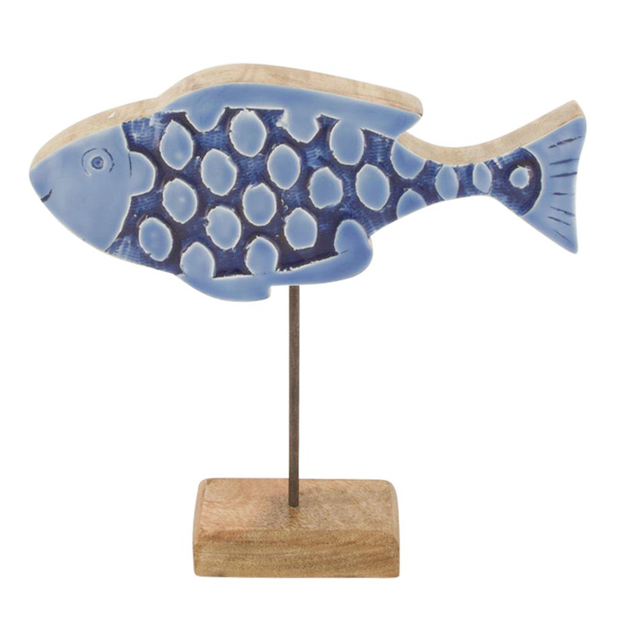 49591-051_01JHDXJ438DS9G2D87J7DVB0X67M7l4FhoAzVKq Deko Fisch, Holzfisch mit Lackoberfläche auf Fuß, blau-natur, 25x25cm, DIJK Natural Collections