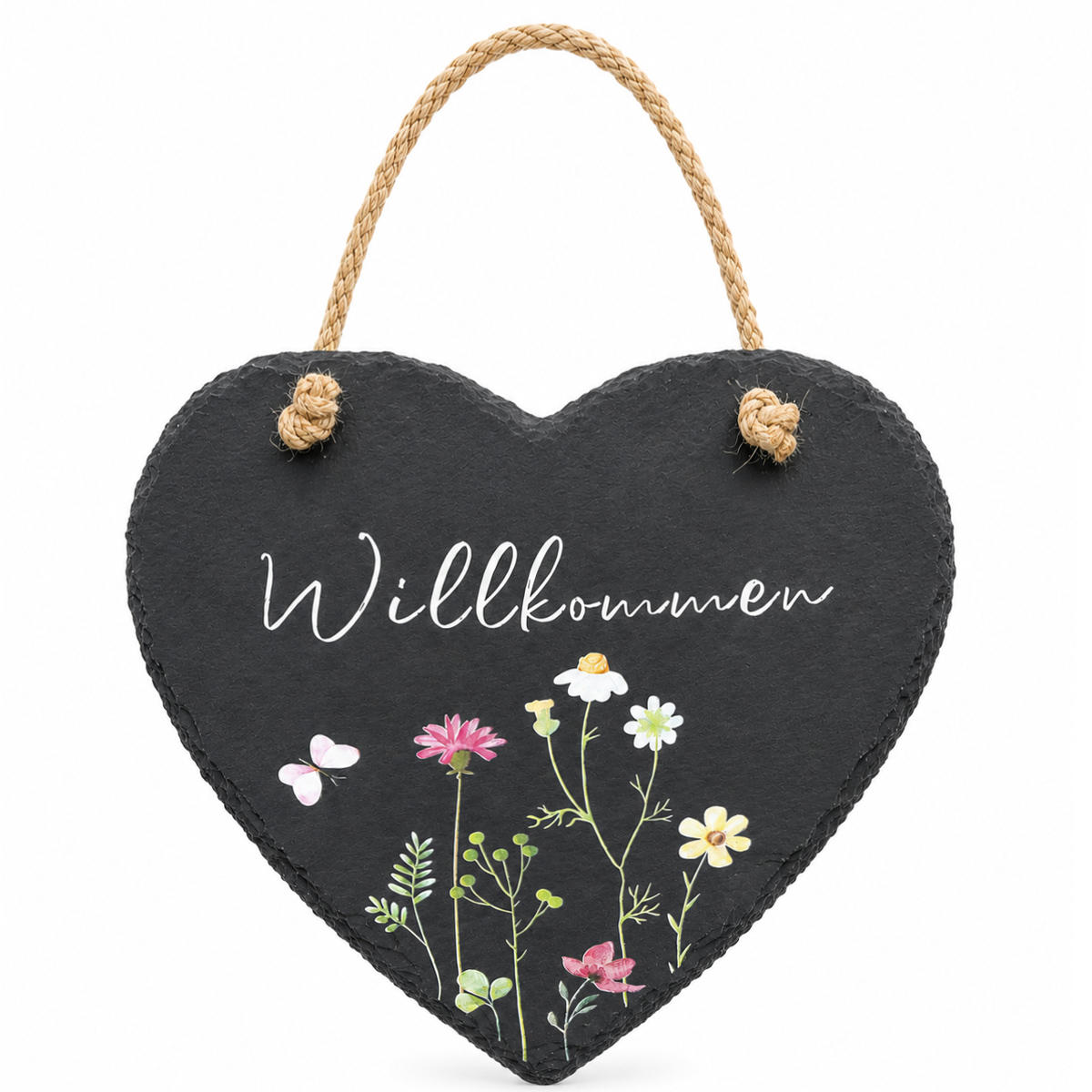 Deko Herz Willkommen, Schieferherz mit Blumen und Schmetterling