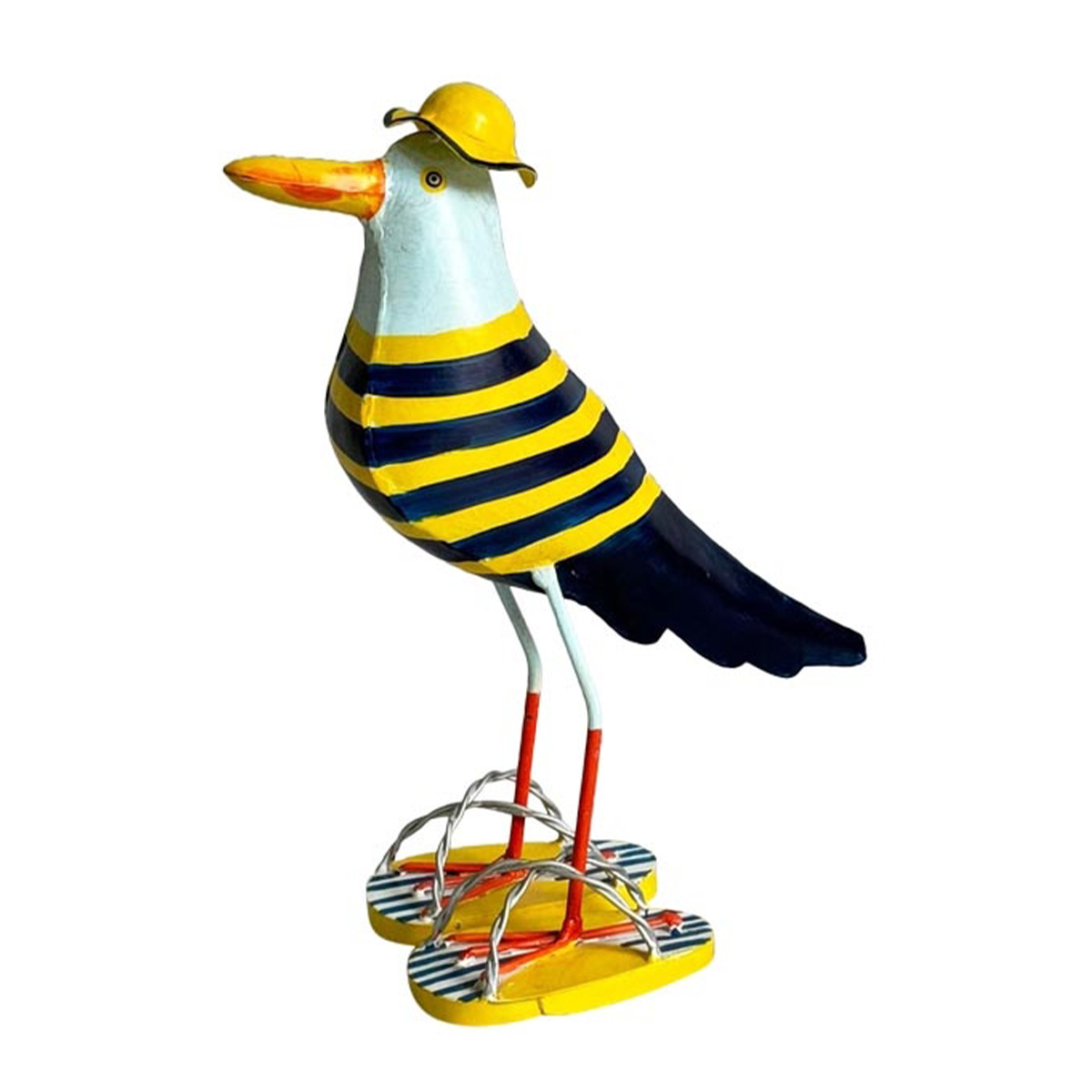Möwe mit Flip Flop, großer lustiger Metallvogel gelb-schwarz mit Sonnenhut, 35cm