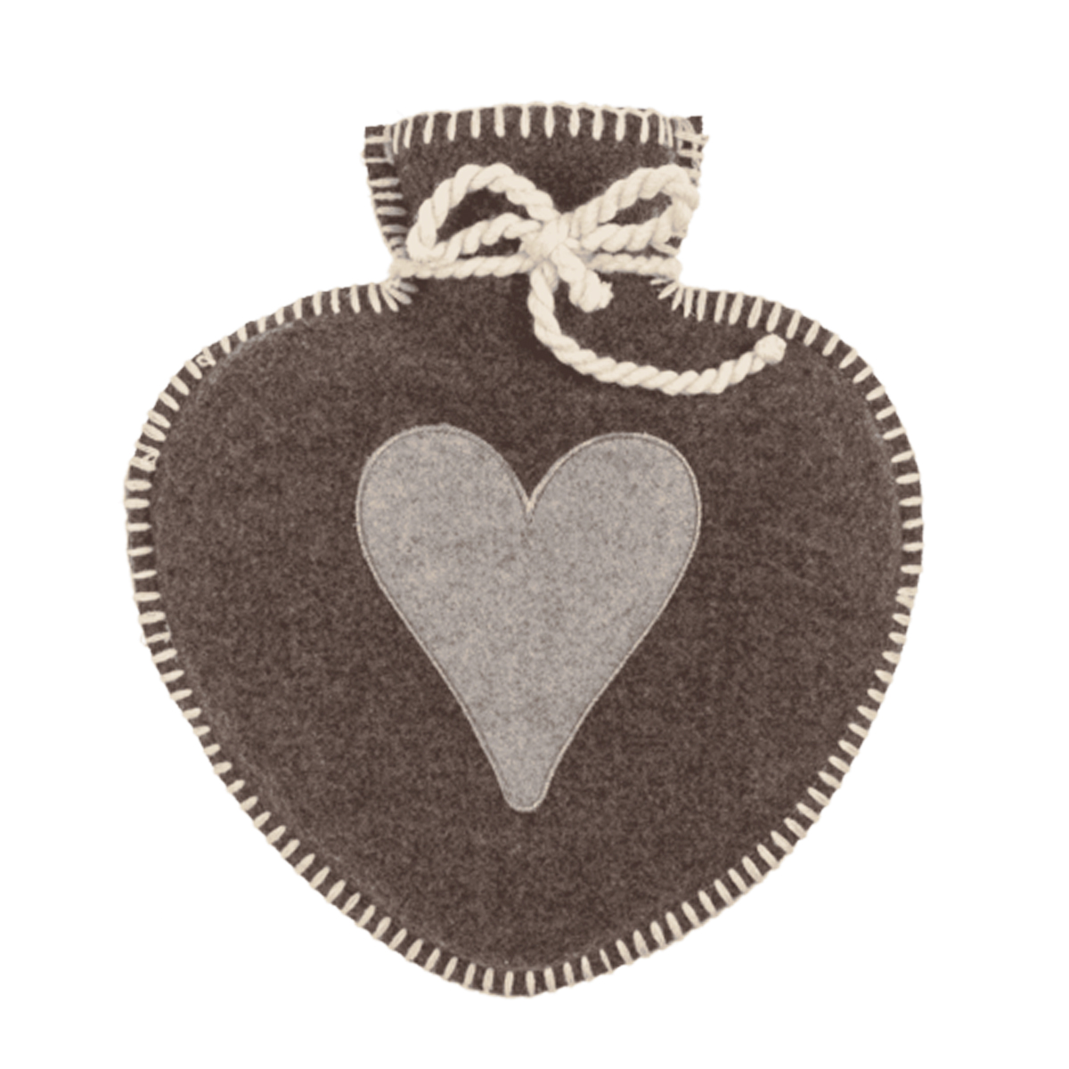 Wärmflasche in Herzform braun-grau, Filzüberzug mit Kordel