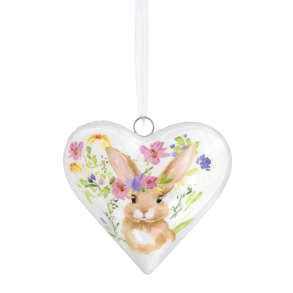 Deko Herz Ostern, Metallherz mit putzigem Häschen und Blumen, Osterhase im Herz, 11cm, Hänger