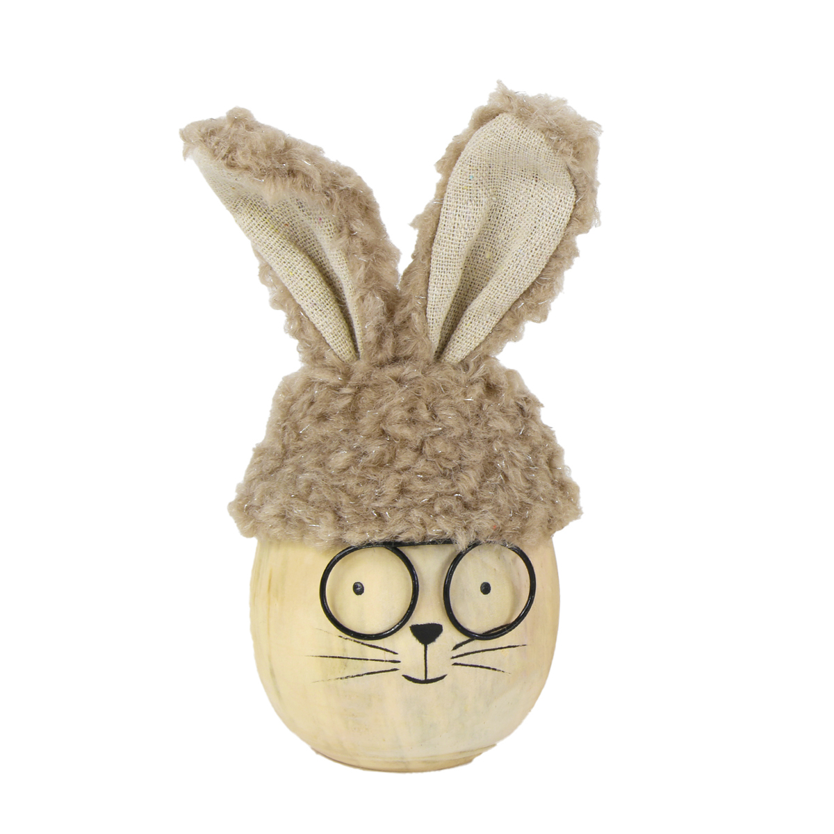 Deko Ei Hase, Holzei Hase mit Brille und Plüschmütze, hellbraun, 17cm