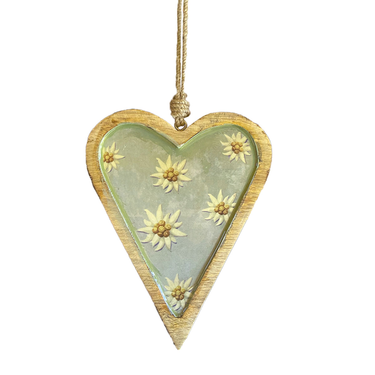 Deko Herz Landhaus, Holzherz blaugrau mit Edelweiß, Emailleoptik, 14x19cm, Hänger