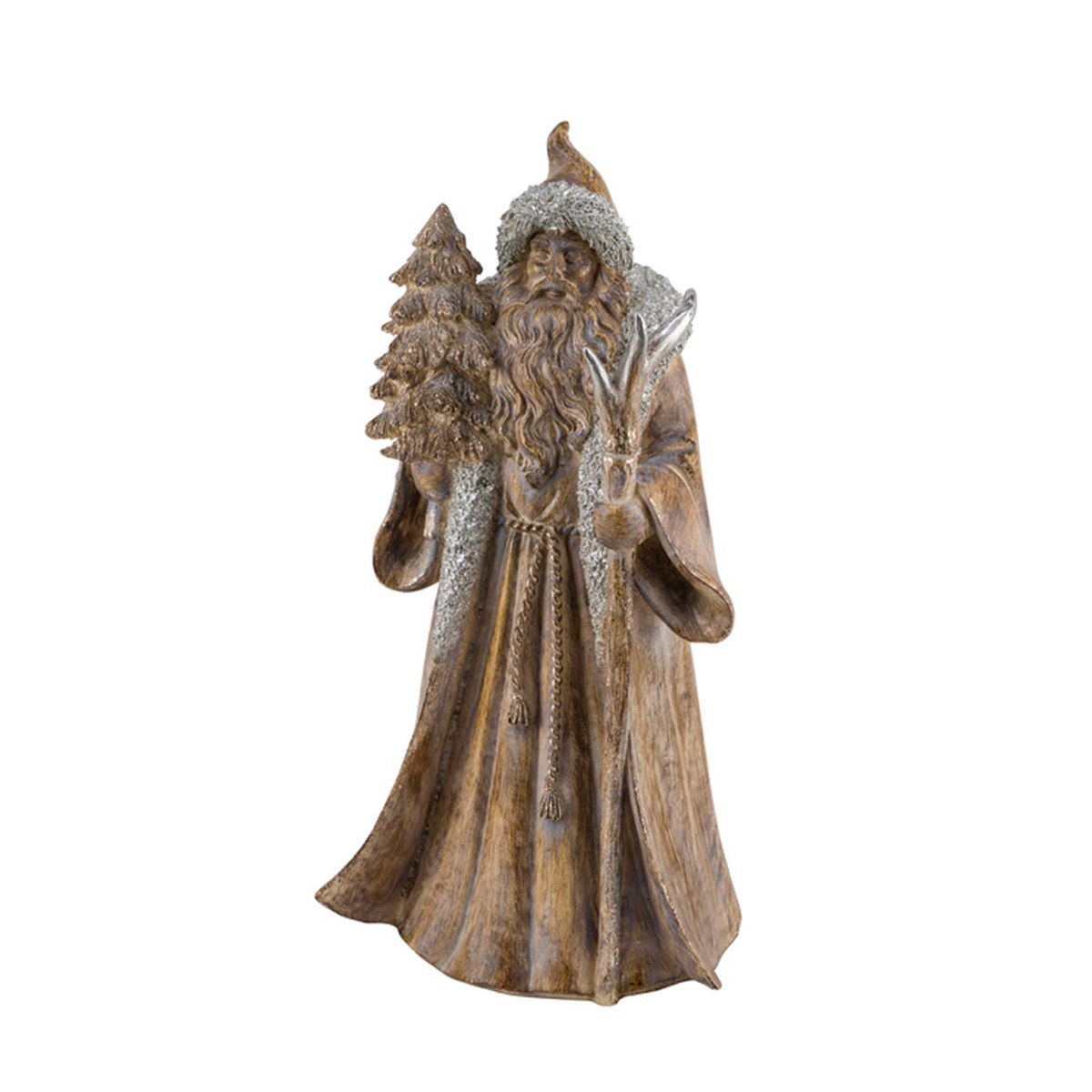 Deko Weihnachtsmann in Holzoptik, Nikolaus mit Tannenbaum und Silberakzente, 42cm