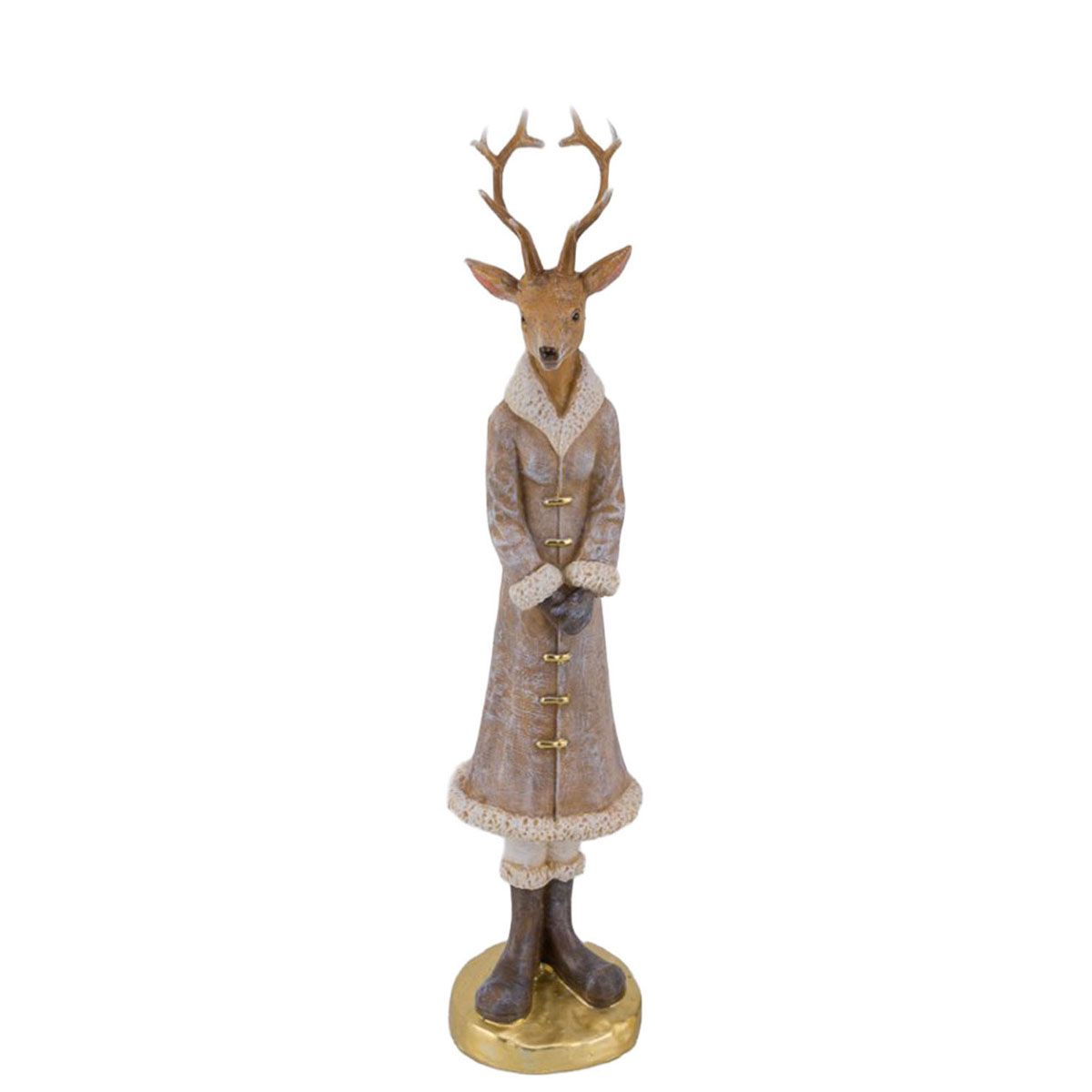 Deko Hirsch Winter, edle schlanke Hirsch-Frau mit Mantel, 21cm