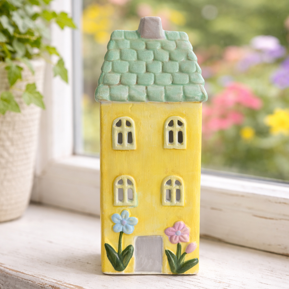 Windlicht Haus gelb, putziges Keramikhaus mit Blumentopf und grünem Dach, 23cm