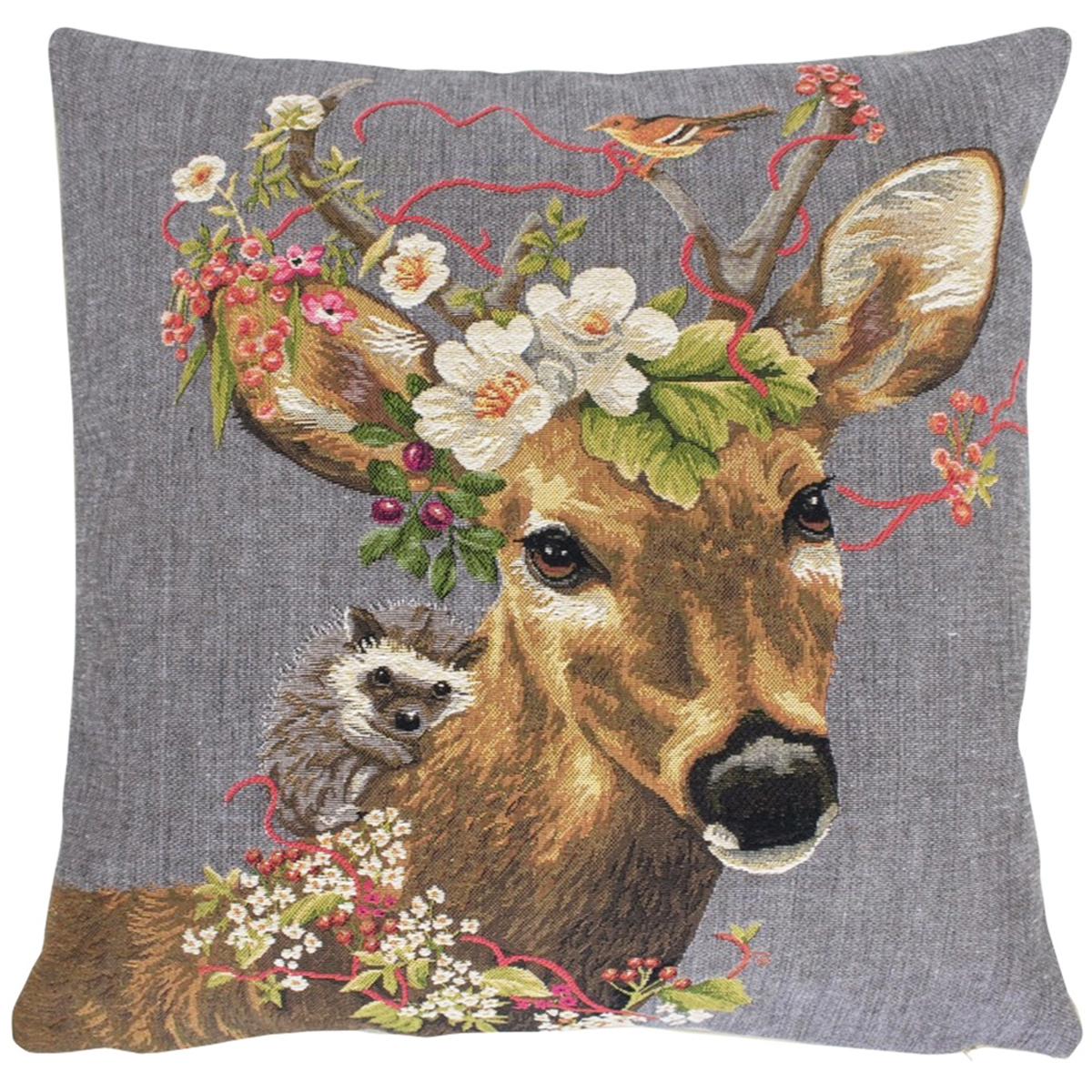 Gobelin Kissen Hirsch, kleiner Rehbock mit Blumen und Igel, 45x45cm, Mars & More