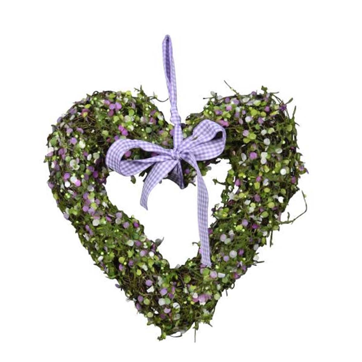 Deko Herz zum Hängen, grünes Blätterherz mit Schleife lila, 26x24cm