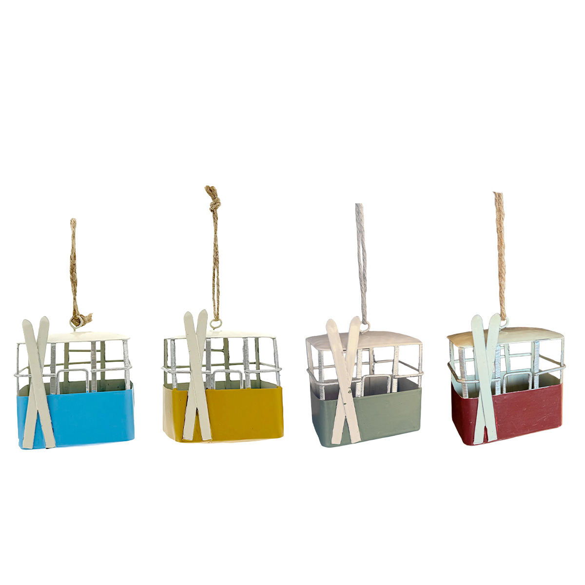 Deko Gondel mit Ski, kleine Seilbahn, rot, grün, blau oder gelb, Skigondel aus Metall, Hänger