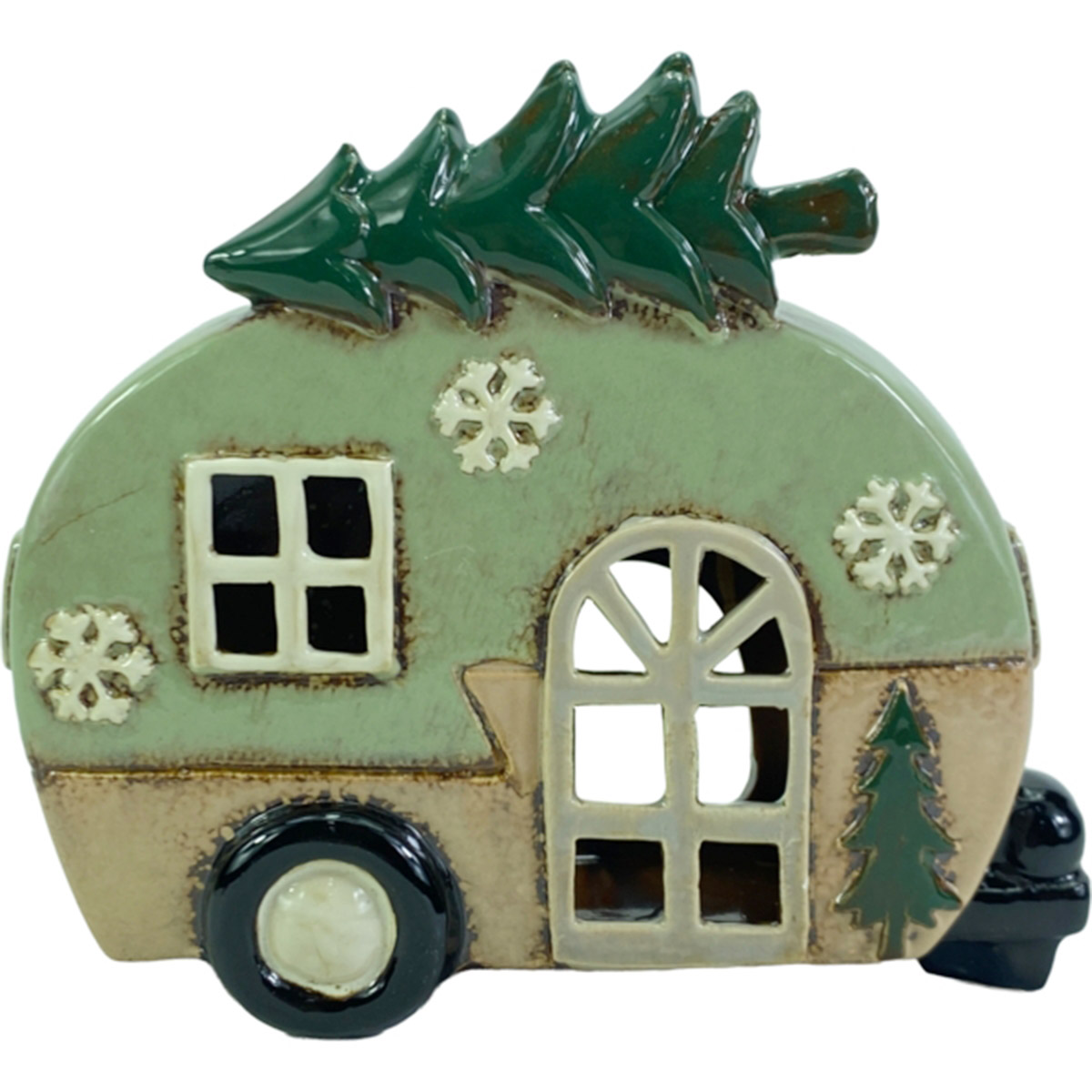 Deko Windlicht Wohnmobil grün,  Weihnachtscamper aus Keramik  