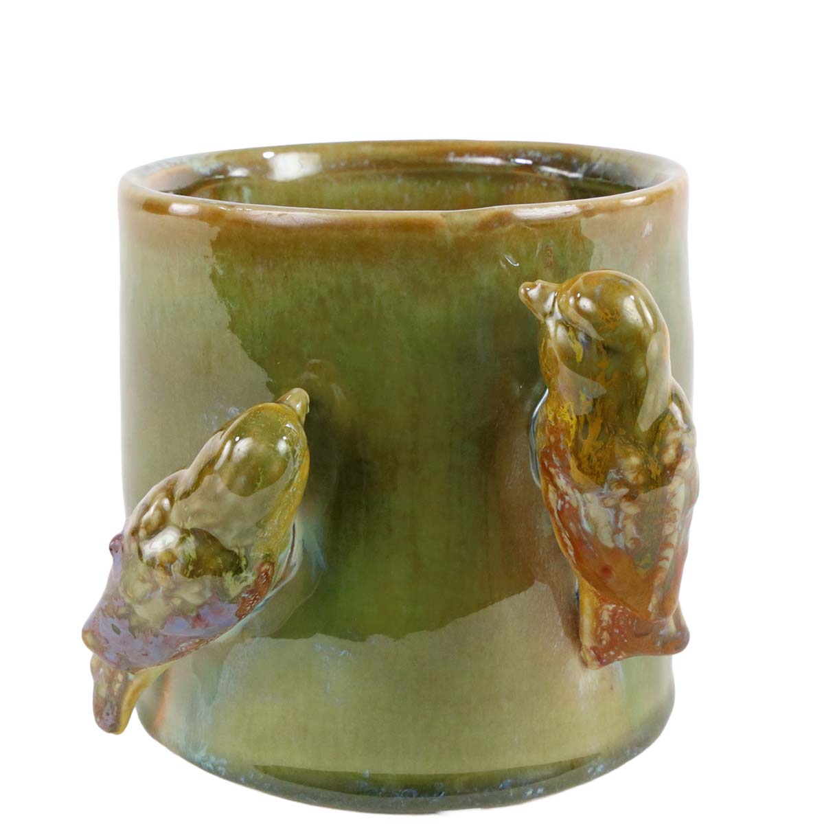 Deko Übertopf aus glasierter Keramik, Pflanztopf mit Vögel, Grünbrauntöne, 14cm