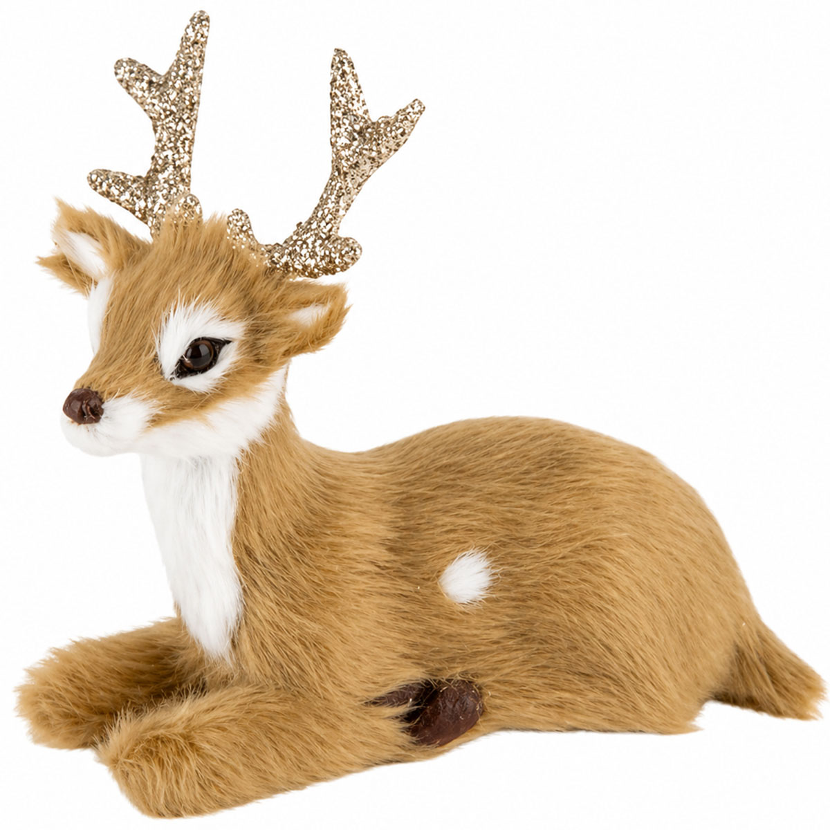 Deko Hirsch liegend, Kunststoffhirsch mit Fell, braun-weiß, 8cm