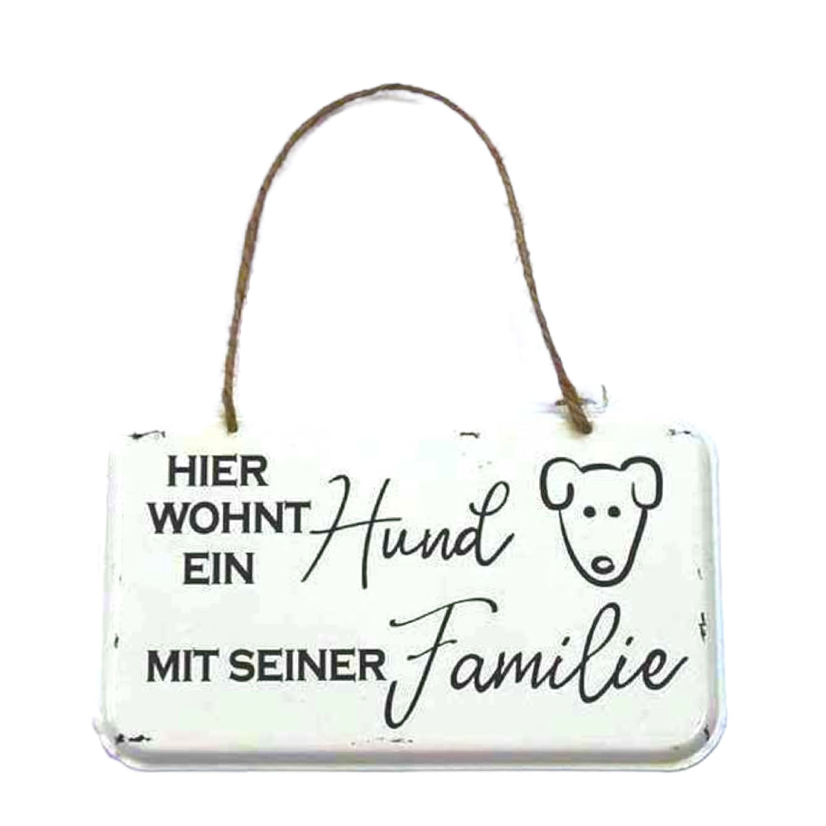 052-1089_01JRJ54G8K0MBH4HWKJR0HTJB8UP0wTyvqqbz3I Metall Schild mit Spruch: Hier wohnt ein Hund mit seiner Familie, 20x12cm, Hänger, Gerrys Garden
