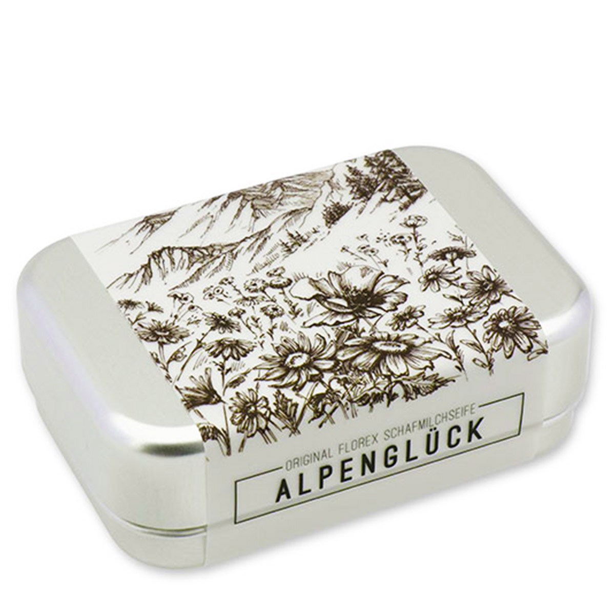 Schafmilchseife Alpenglück eckig, in einer Seifendose mit Berg- und Blumen Motiv, 100g, Florex