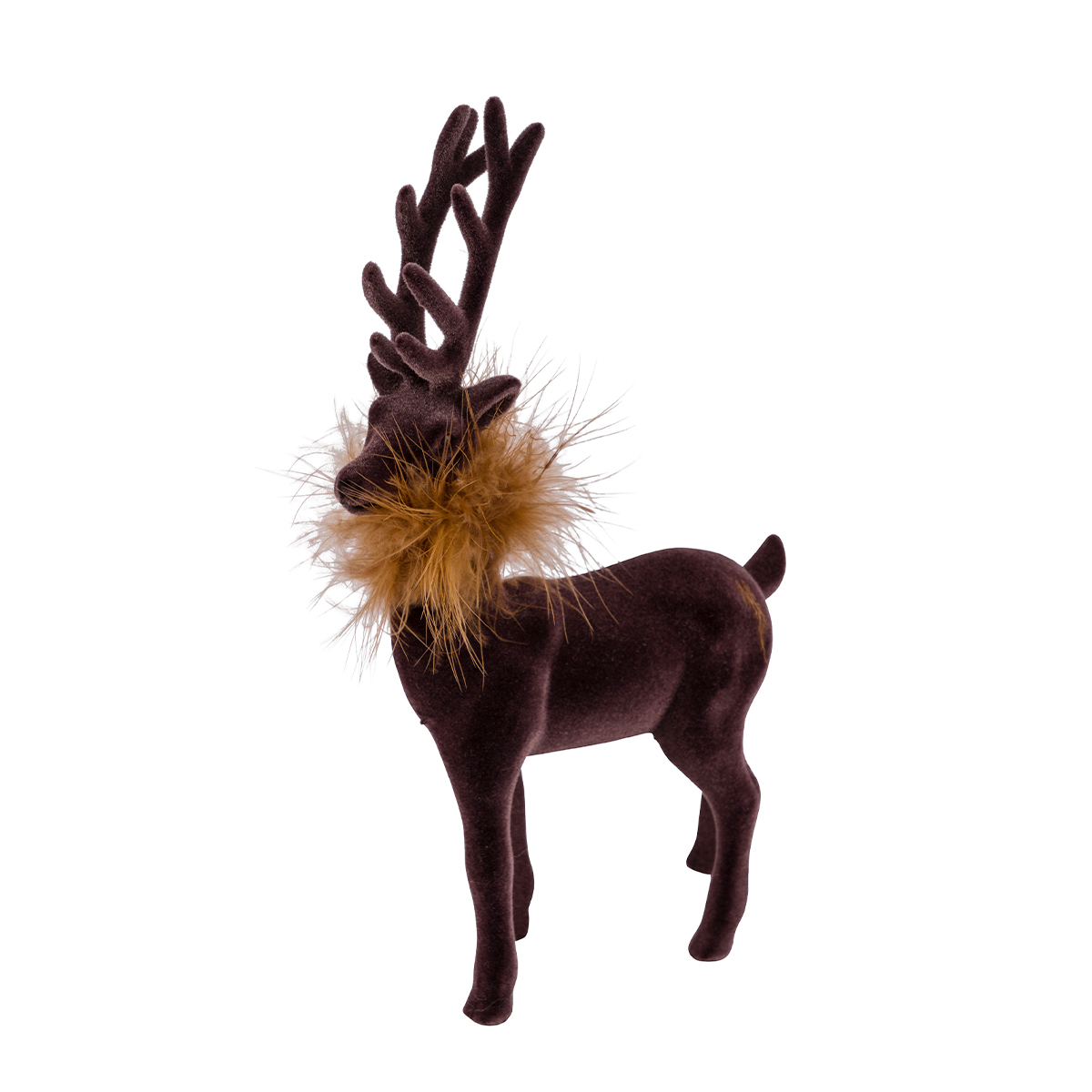 Deko Hirsch mit Federboa, großer brauner Hirsch, samtig beflockt, 45cm