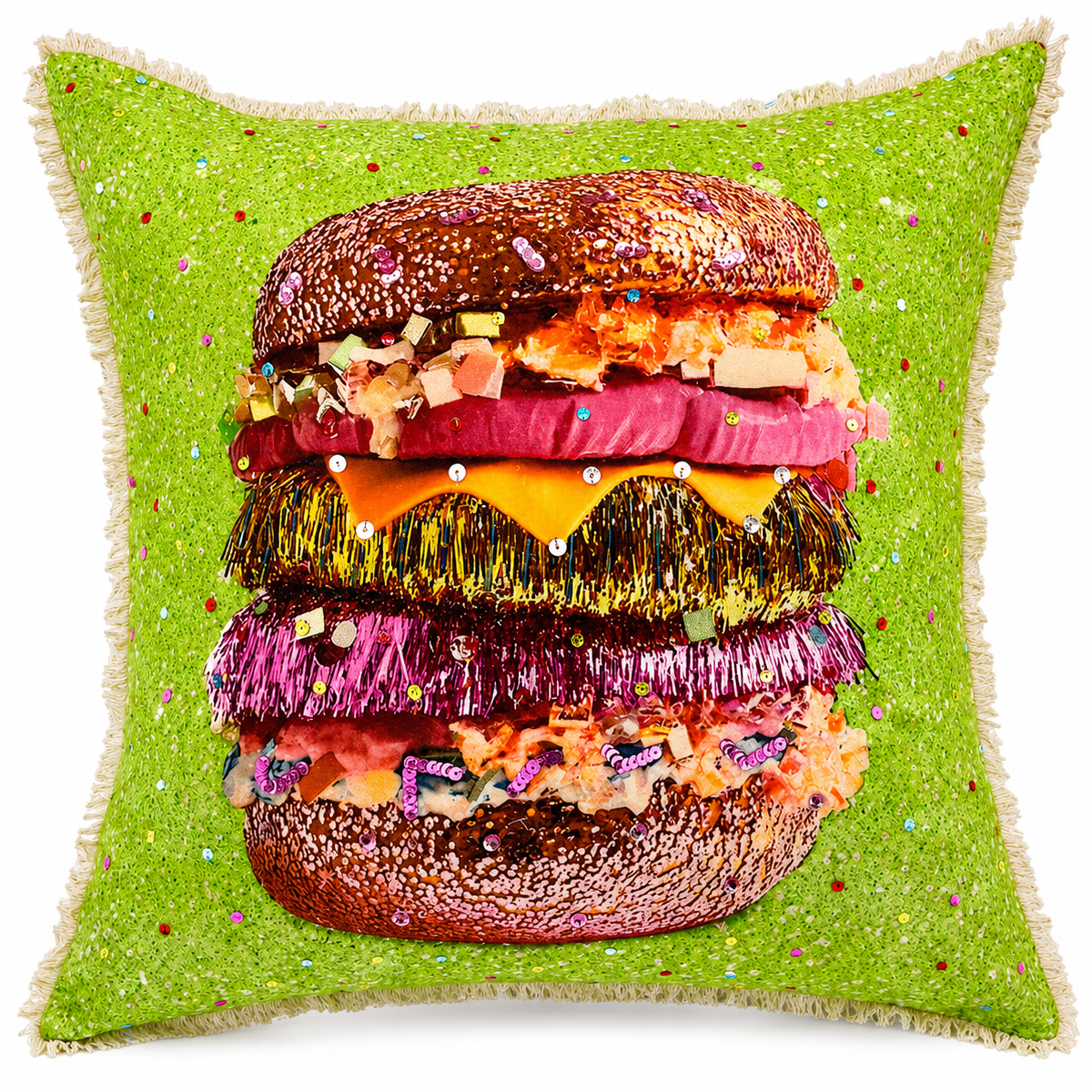 Dekokissen Burger mit Pailletten – origineller Blickfang für moderne Wohnräume