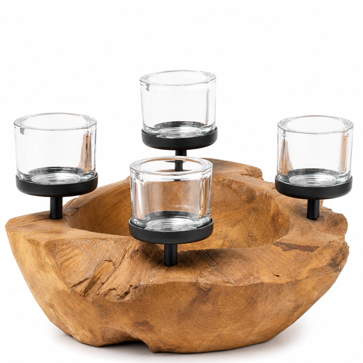 Naturholz Adventsschale Teak unfinish, rustikale Kerzenschale mit 4 Teelichtgläser, Ø30cm, WMG Grünberger