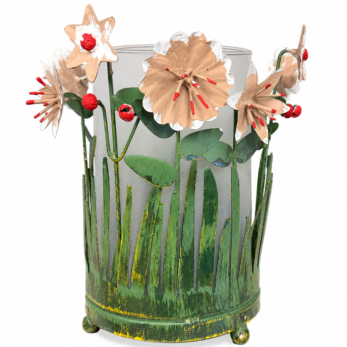 Deko Windlicht Blumenwiese mit Milchglas-Einsatz, rustikales Metallwindlicht used look