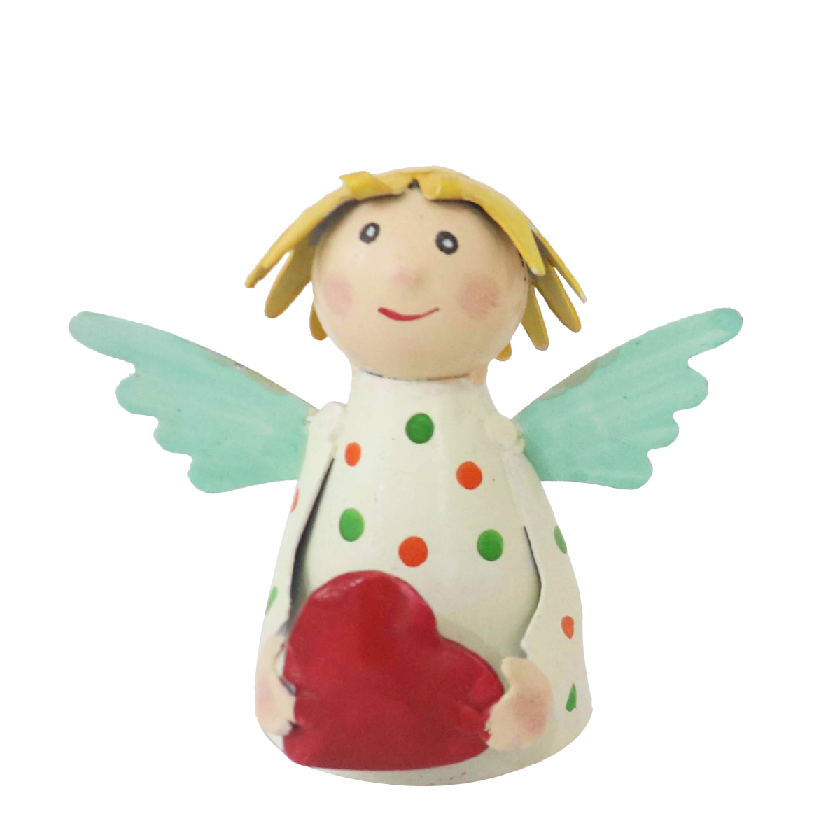 Zaunhocker Engel Schutzengel, Metallengel mit Herz und weiß-creme Pünktchen-Kleid, 9cm