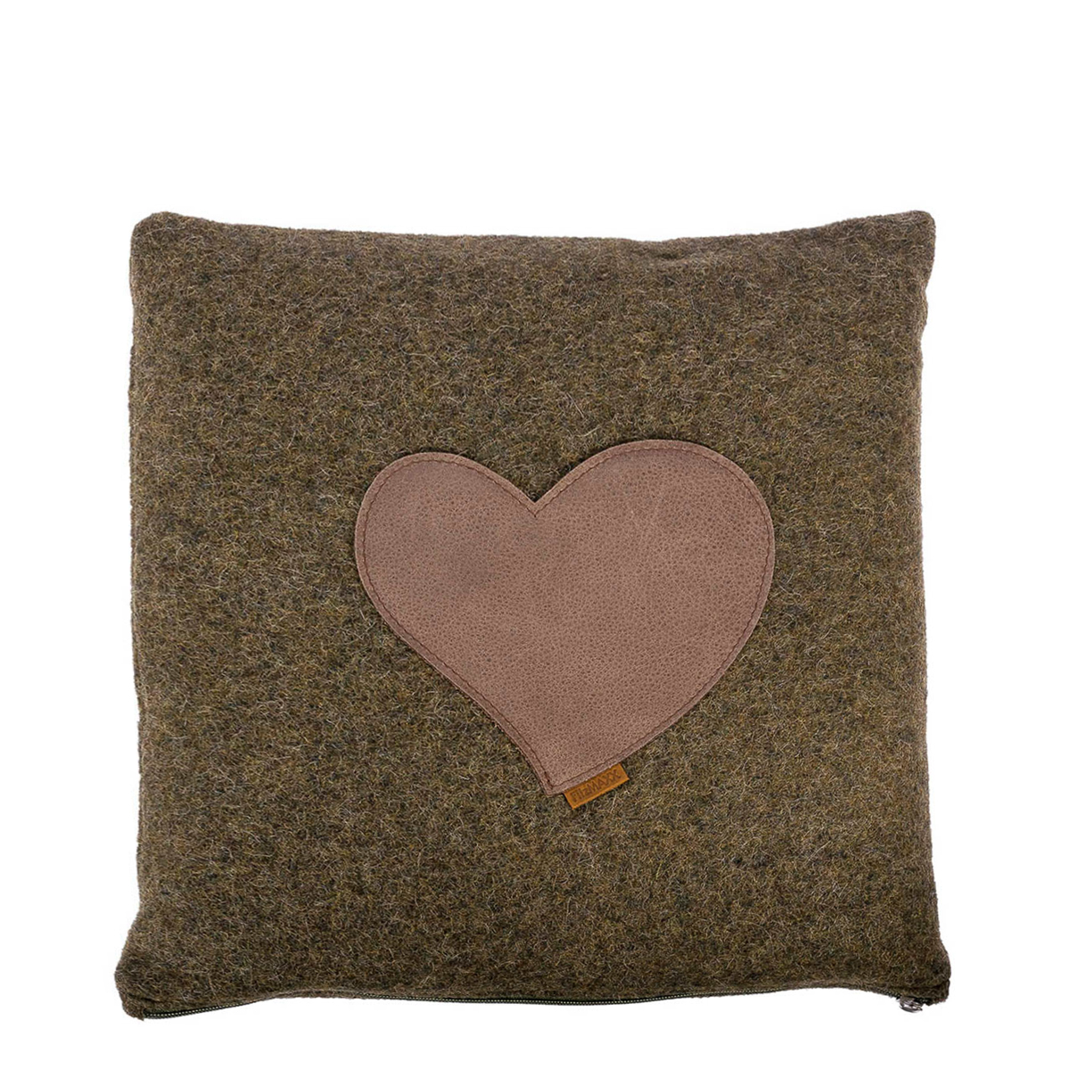 Landhaus Loden Kissen "Herzerl" moosgrünes Filzkissen mit Lederapplikation Herz, 42x42cm