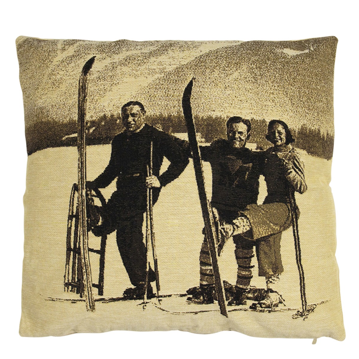 Gobelin Kissen Skifahrer Nostalgie, Skifahrergruppe, Sepia, 45x45cm, Mars & More