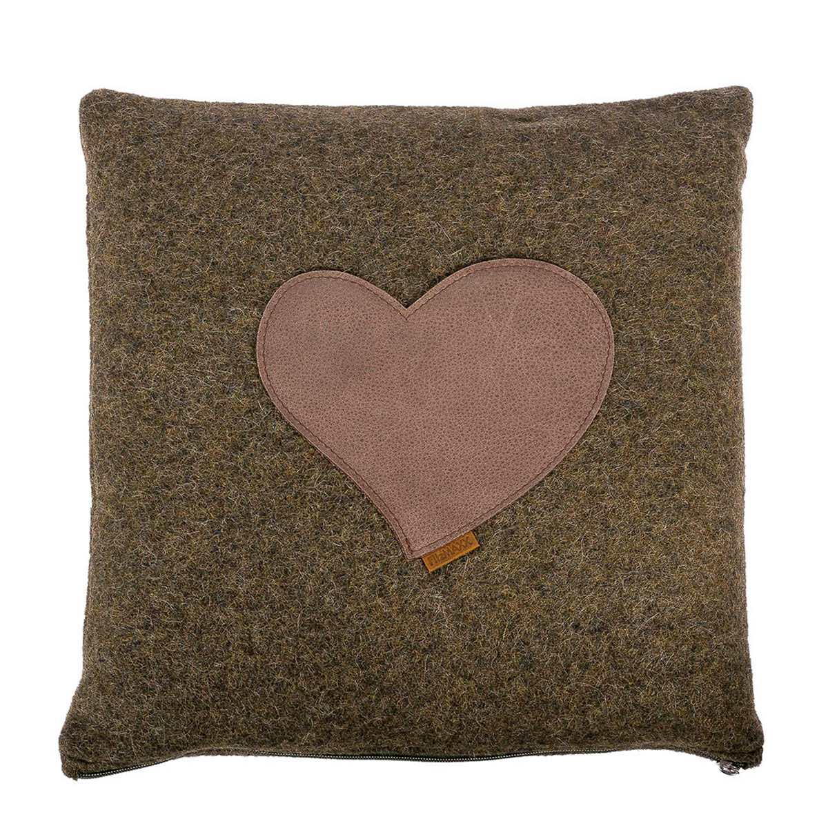 Landhaus Loden Kissen "Herzerl" moosgrünes Filzkissen mit Lederapplikation Herz, 42x42cm