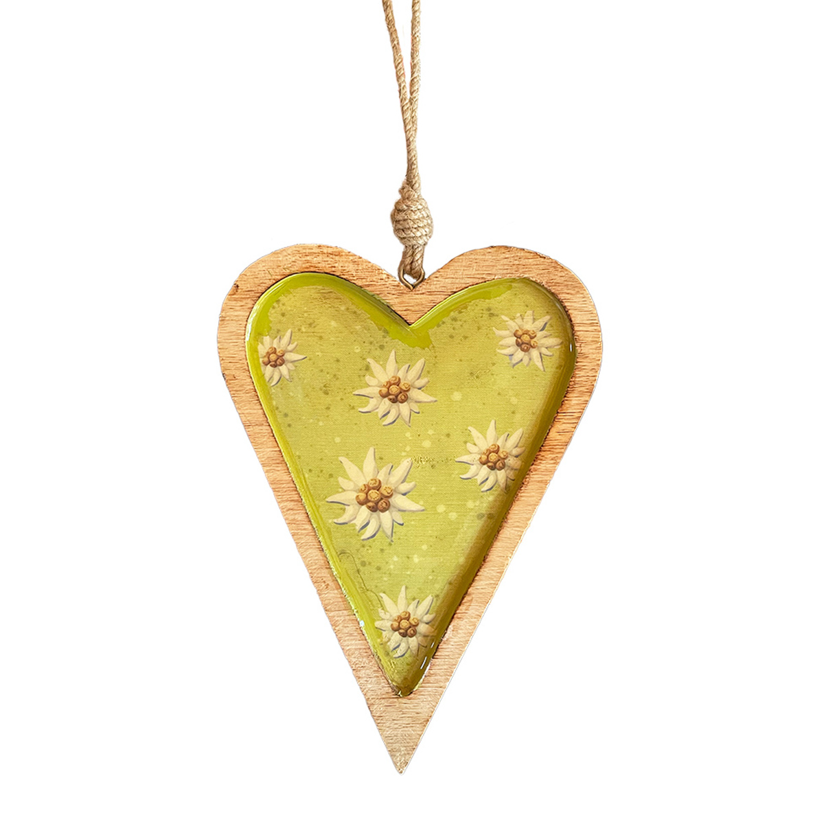 Deko Herz Landhaus, Holzherz hellgrün mit Edelweiß, Emailleoptik, 14x19cm, Hänger