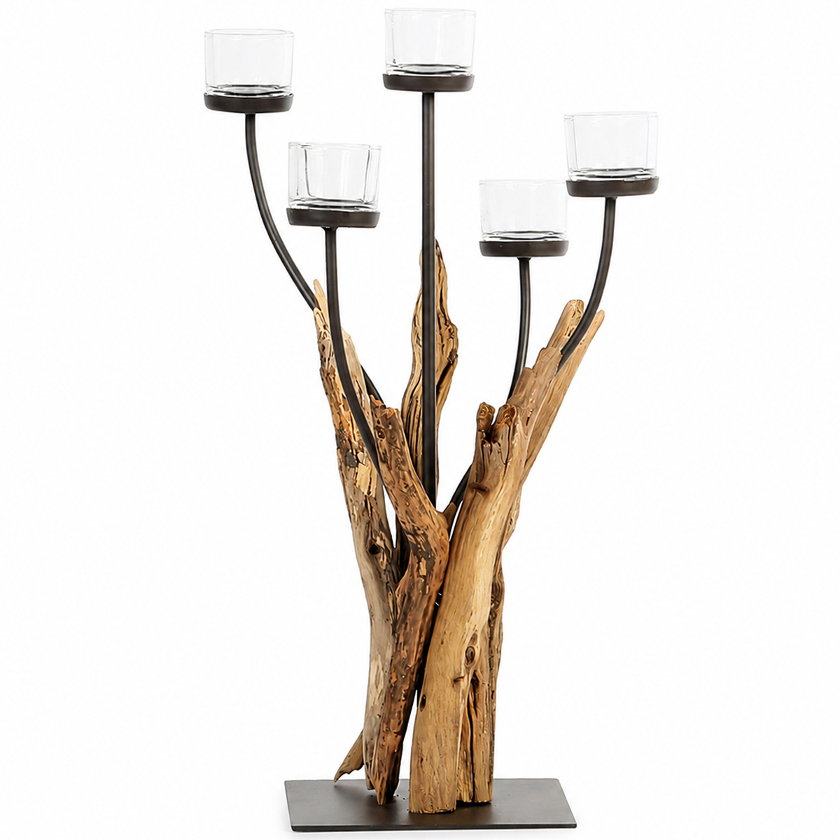Windlicht Cohiba Naturholz, Schwemmholz mit 5 Kerzengläser, 80cm, Naturholz, WMG Grünberger