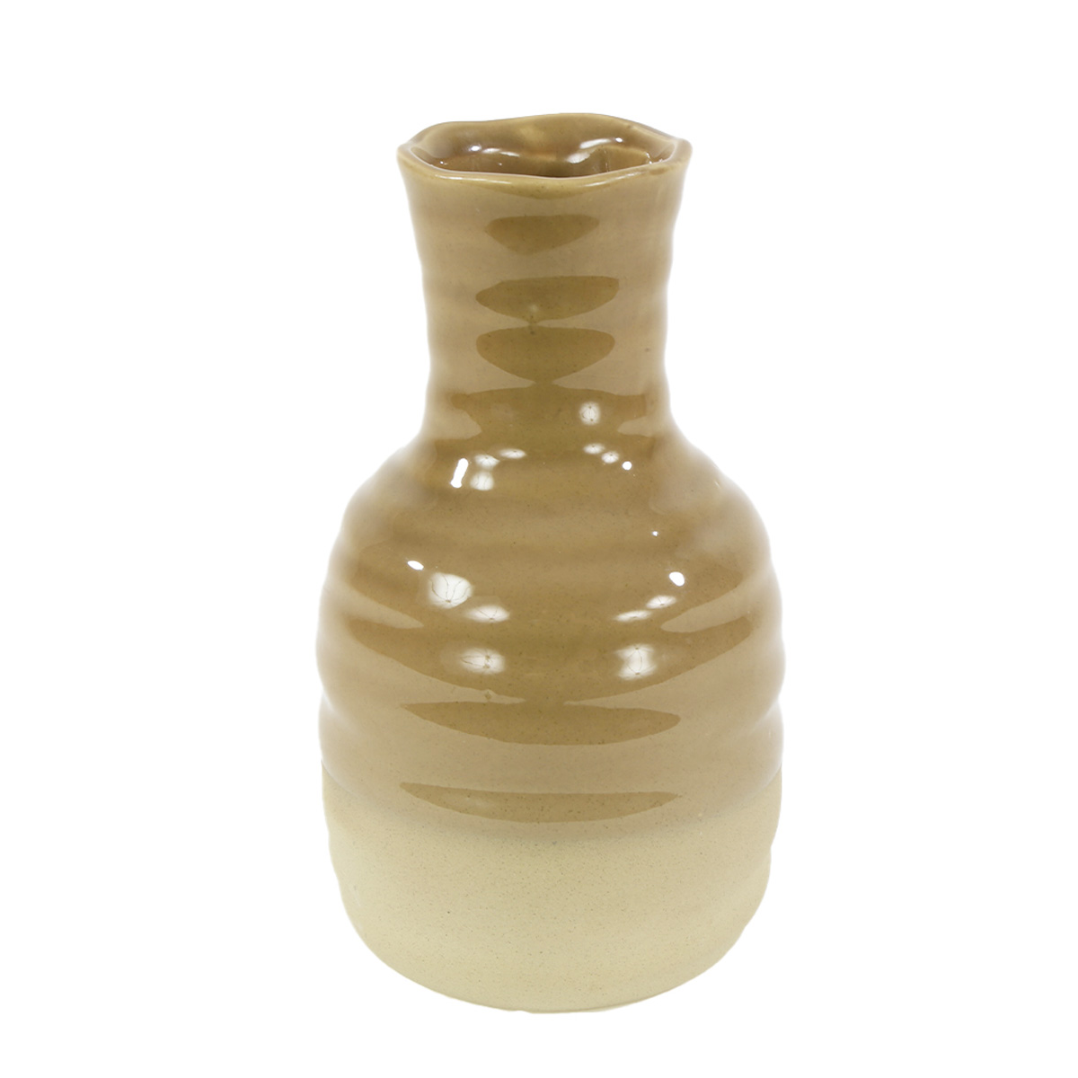 Keramik Blumenvase 2-farbig mit Rillen, Keramikvase braun-beige, 11x20cm 