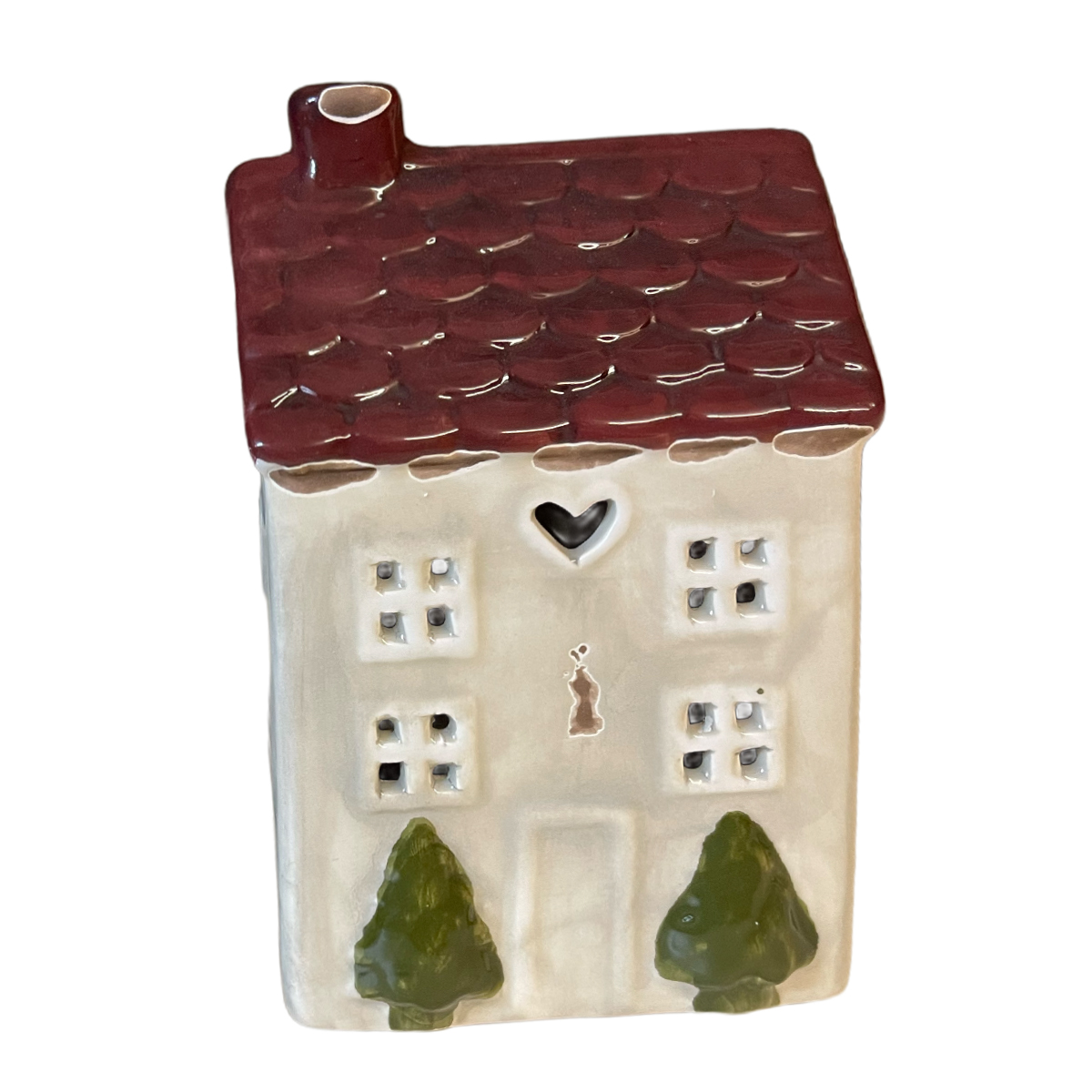 LED Haus Chrissie creme used look, Keramikhaus Landhaus mit Herz und 2 Bäume