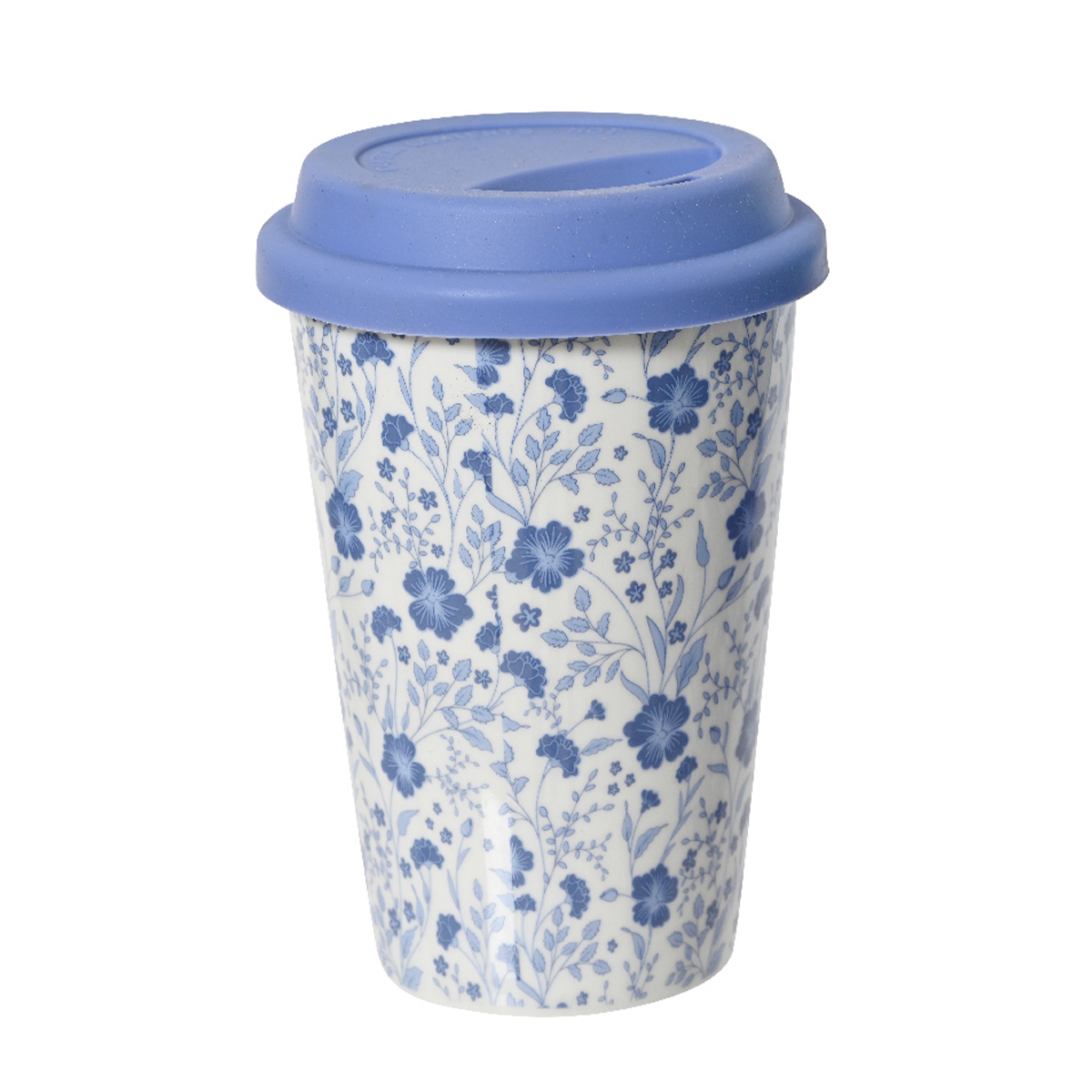 Porzellanbecher Blümchen To Go, Becher mit Deckel, blau-weißes Blumenmuster