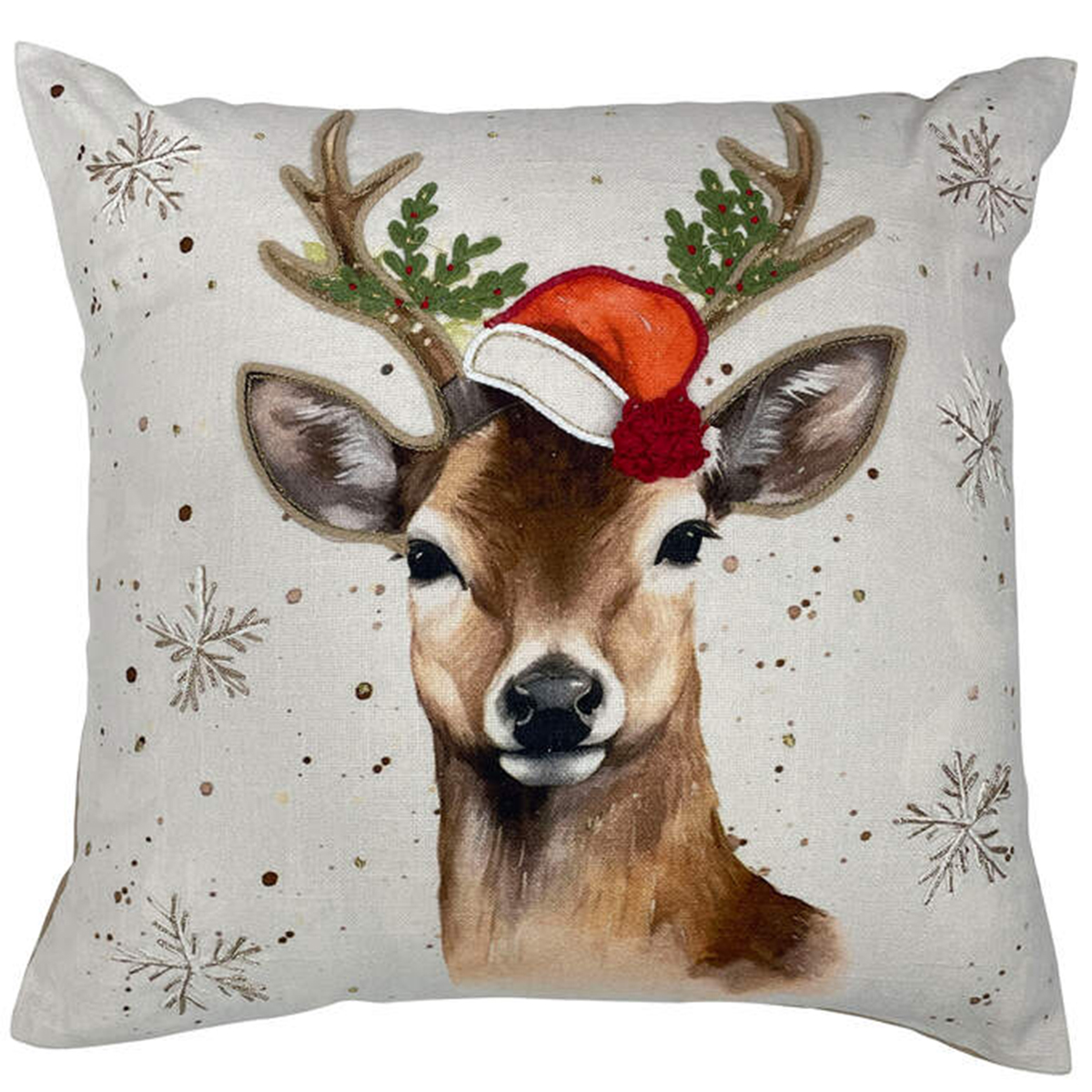 Weihnachtliches Dekokissen mit Hirsch und Weihnachtsmütze – festliches Sofakissen im Landhausstil