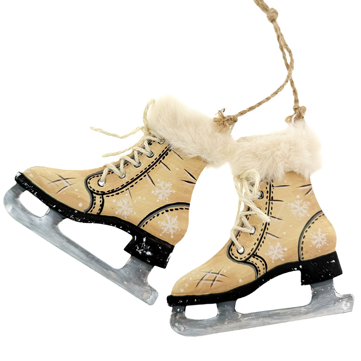 Deko Schlittschuh-Paar Nostalgie, mit Plüsch und Schneekristalle, Paar Schlittschuhe beige-schwarz, 10cm, Metallhänger 