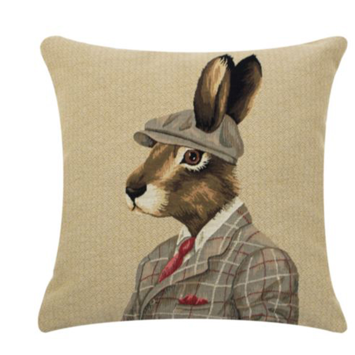 Gobelin Kissen Hase, eleganter Jäger Hase mit Schildmütze, 45x45cm, Mars & More