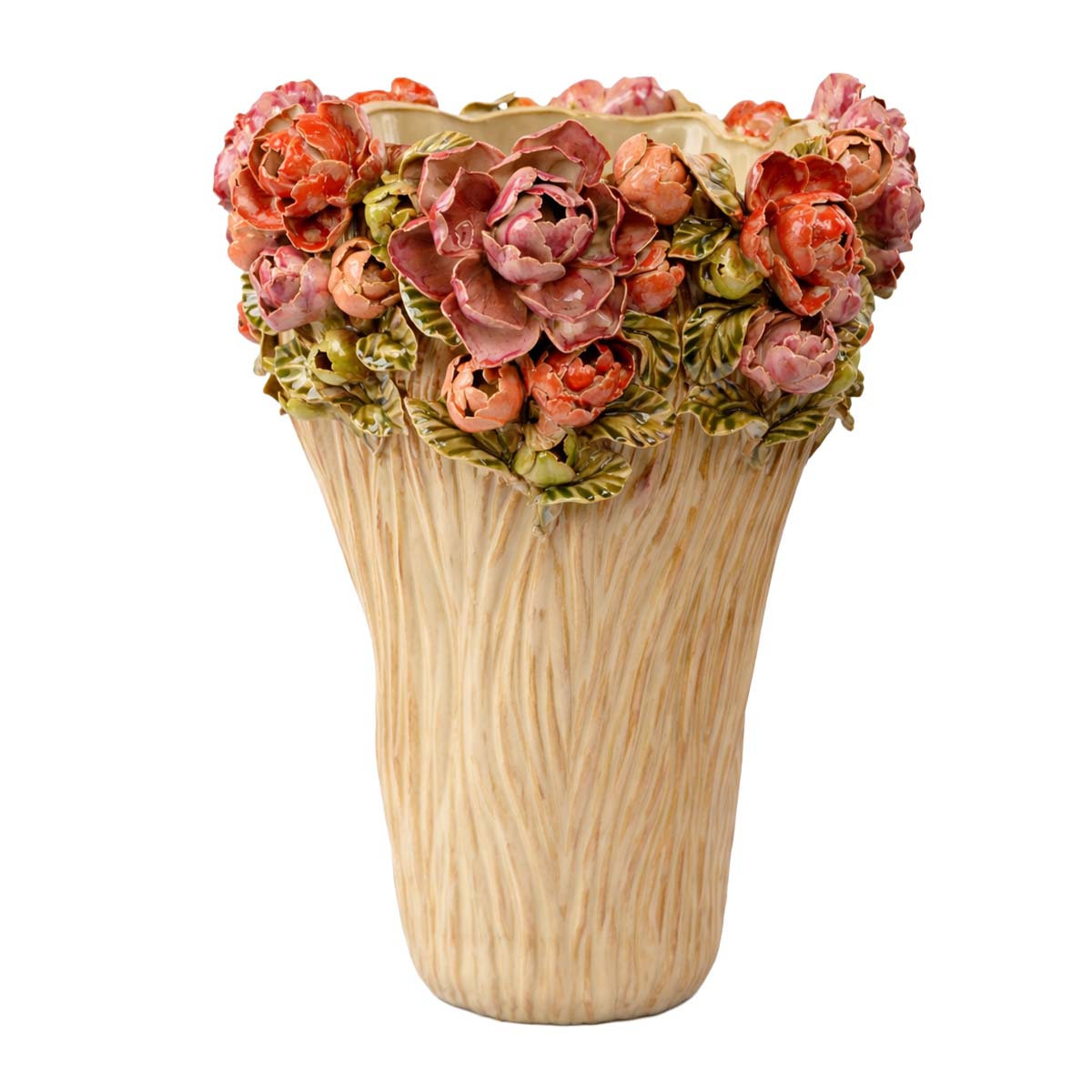 Blumenvase mit Rosendekor, üppige Keramikvase, 43cm