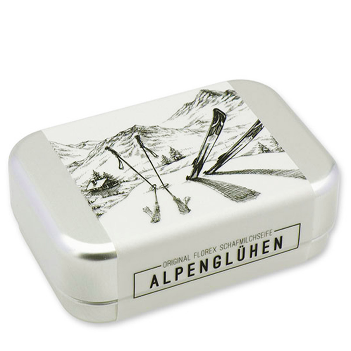Schafmilchseife Alpenglühen eckig, in einer Seifendose mit Winter Ski Motiv, 100g, Florex