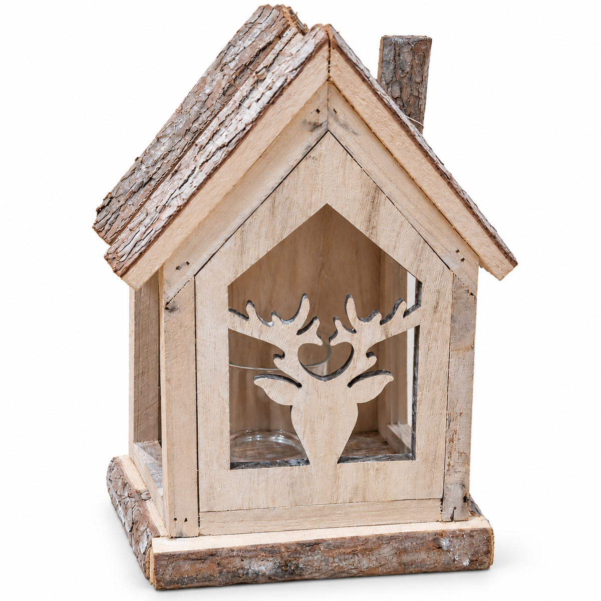 Rustikales Deko-Windlicht Haus, Natur-Holzhaus mit Hirschkopf, 35cm