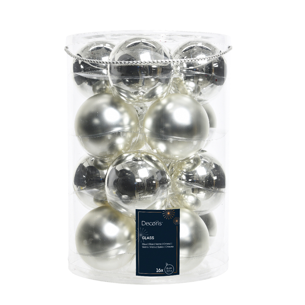 Weihnachtsbaumkugeln aus Glas, silber glanz/matt, Ø8cm, 16St/Box, Decoris