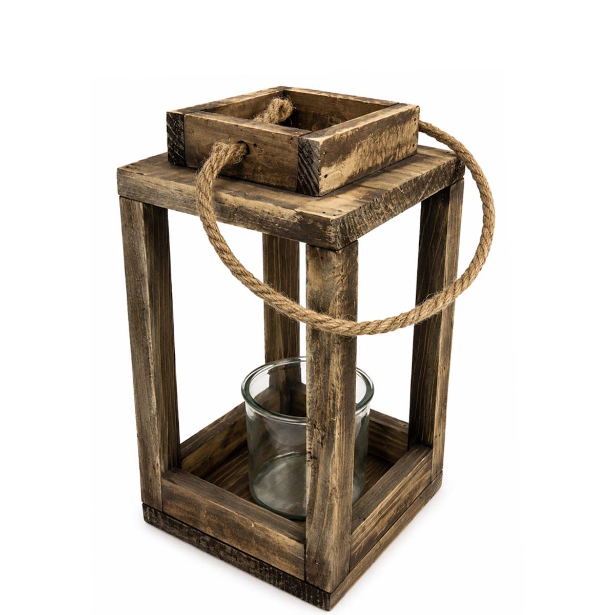 Holzlaterne Naturholz, rustikales Windlicht, 28cm