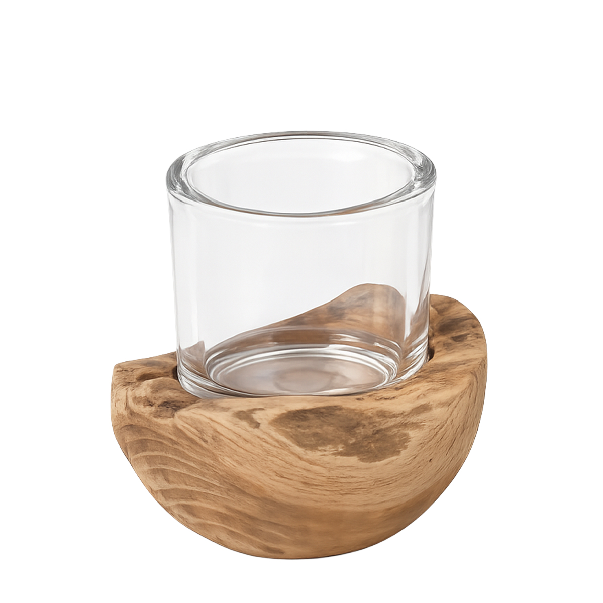 Holz Windlicht Teak unfinish, Glaszylinder auf Holzsockel, 14cm, WMG Grünberger