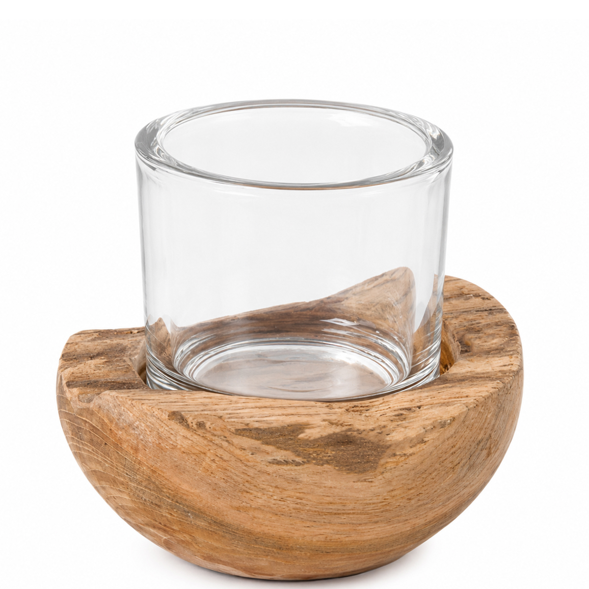 Holz Windlicht Teak unfinish, Glaszylinder auf Holzsockel, 10cm, WMG Grünberger