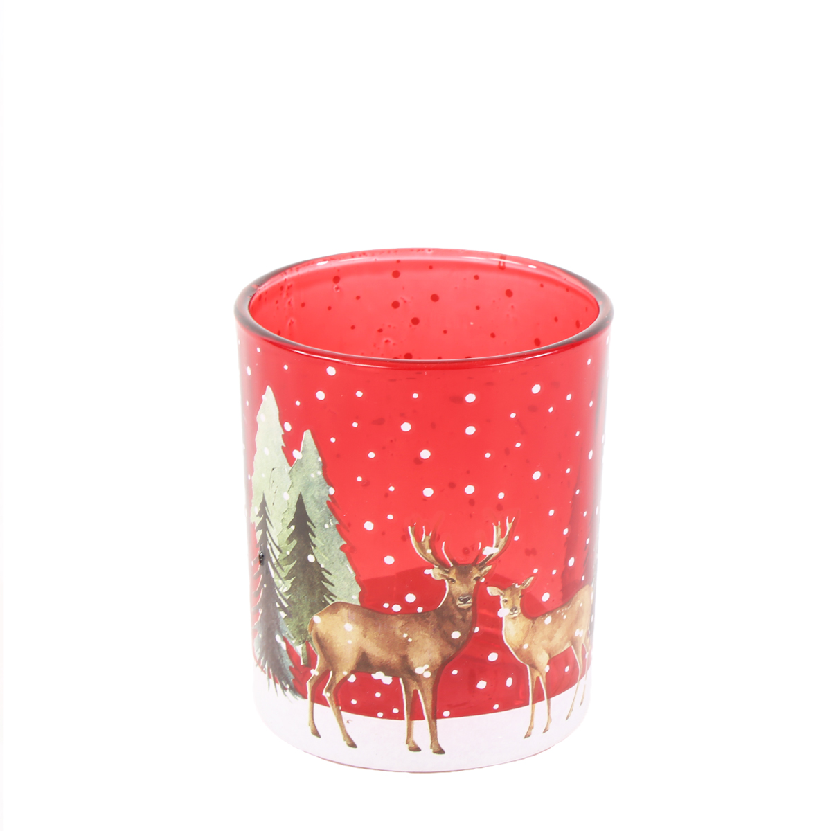 Windlichtglas Winterwald, Hirsche und Reh im Wald, rot, 7x8cm