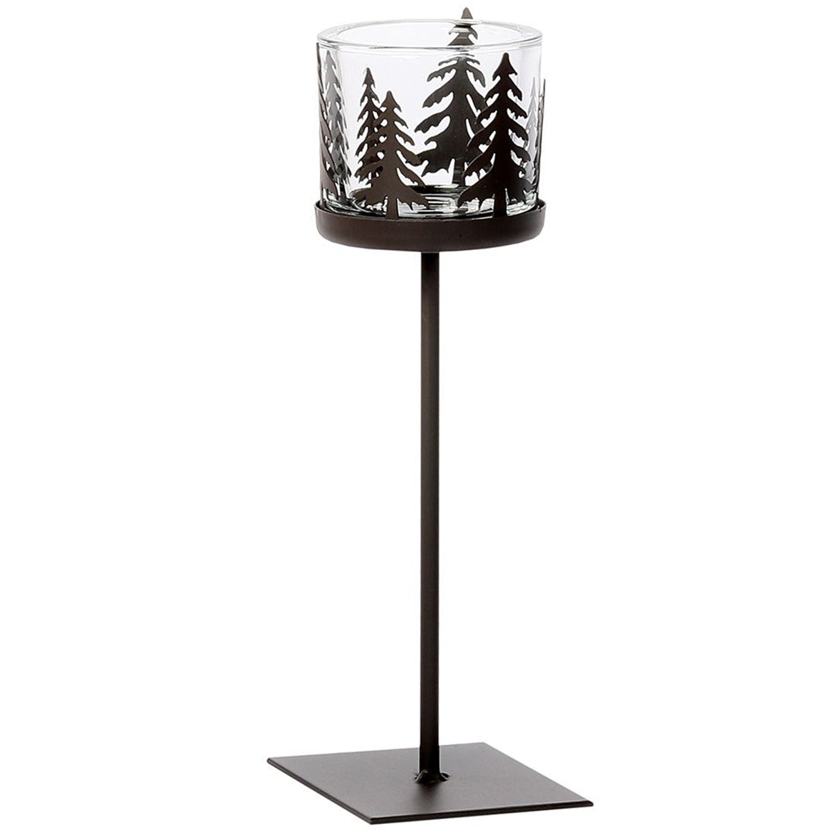 Windlicht Waldszene auf Ständer, Metall und Glas, alpines Windlicht im Landhausstil